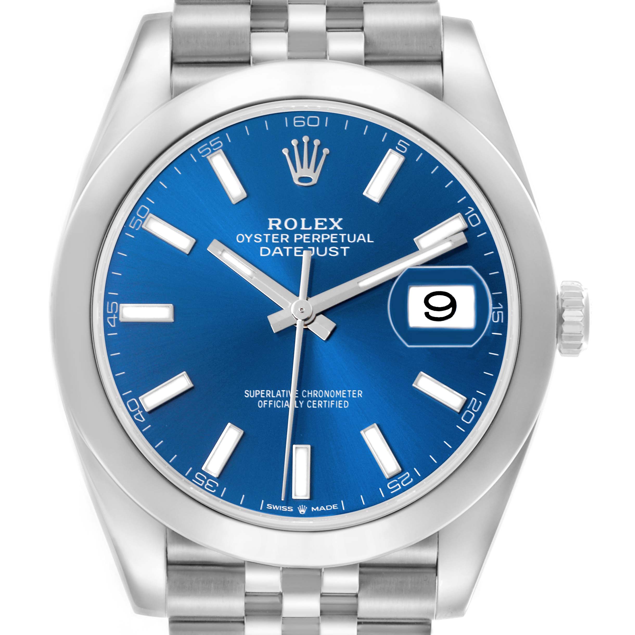 The Rolex Datejust 41 126300 Men's Stainless Steel Blue Dial 126300 Men's Stainless Steel Blue Dial watch is shown from the front, highlighting the blue dial, markers, hands, date window, and part of the bracelet.