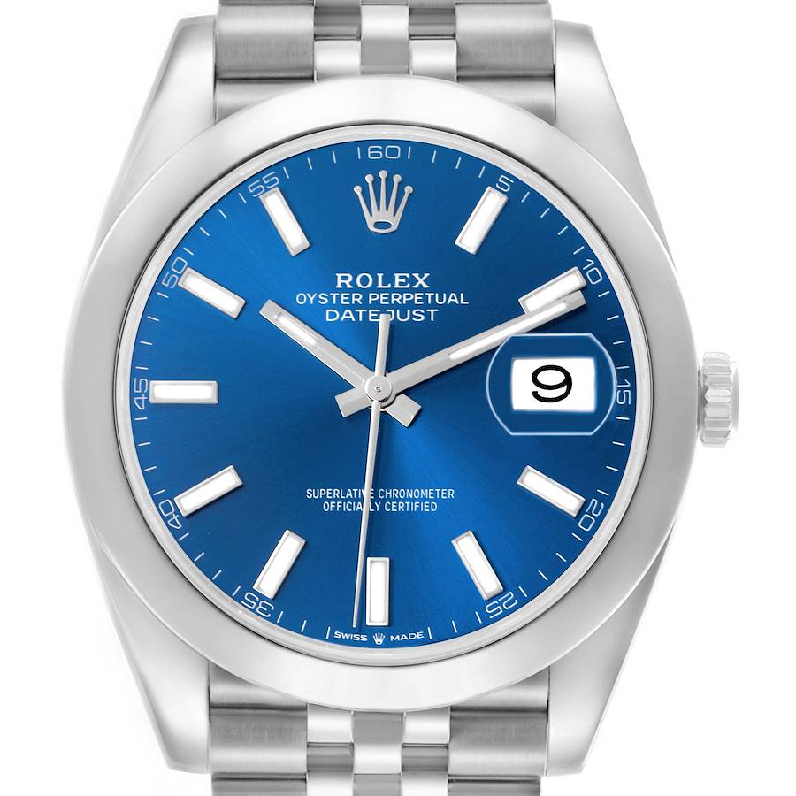 The Rolex Datejust 41 watch is shown from the front, highlighting the blue dial, markers, hands, date window, and part of the bracelet.