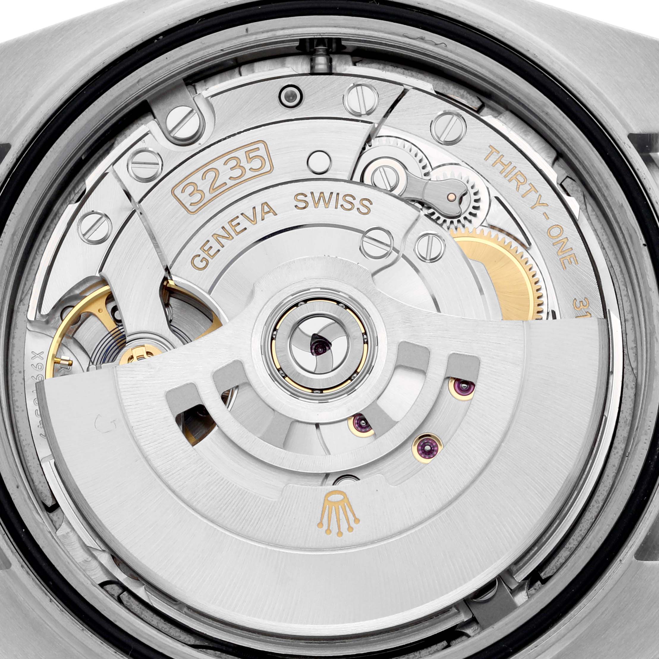 The image shows the inner mechanism of the Rolex Datejust 41 126300 Men's Stainless Steel Blue Dial 126300 Men's Stainless Steel Blue Dial, highlighting the movement and rotor from a top-down angle.