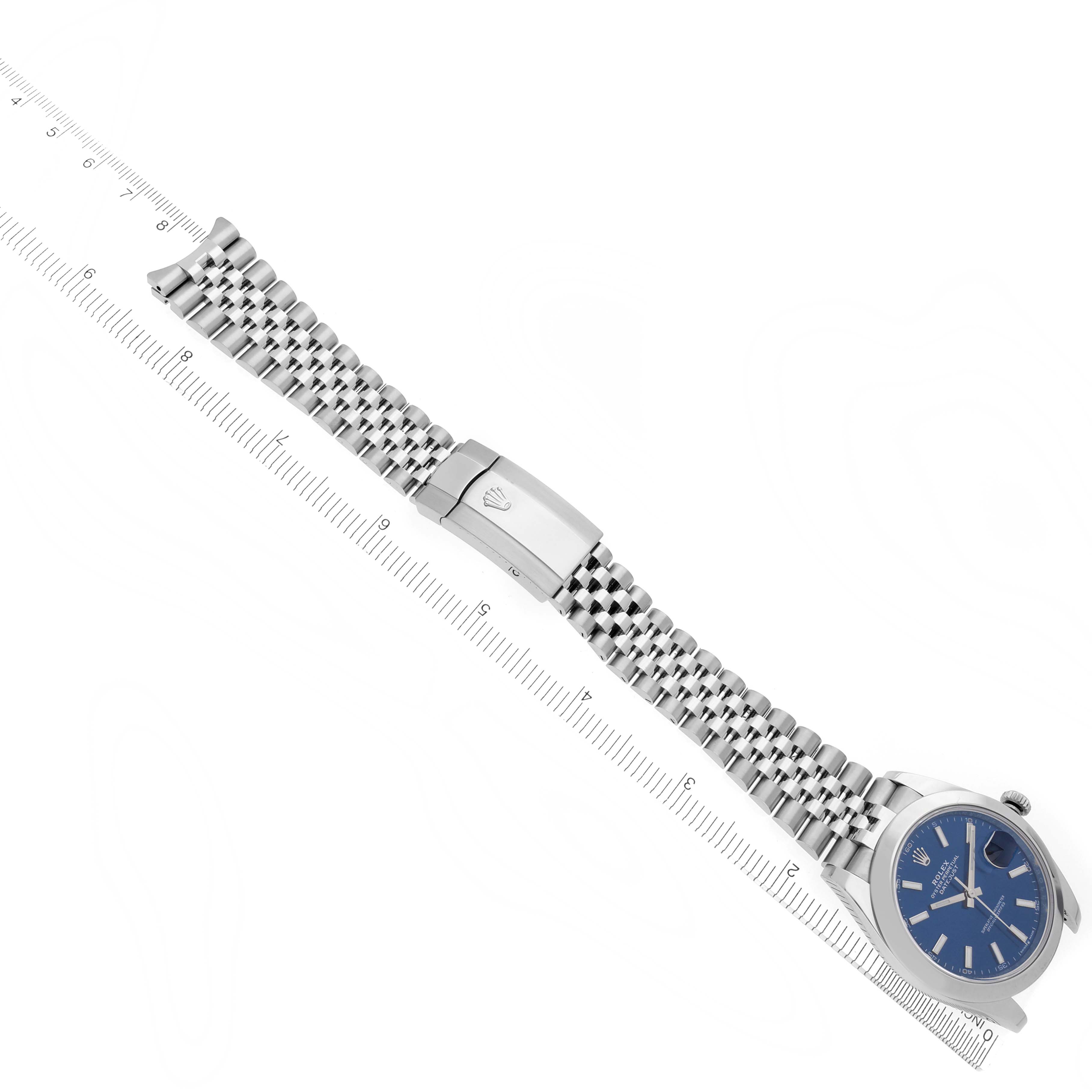 The Rolex Datejust 41 126300 Men's Stainless Steel Blue Dial 126300 Men's Stainless Steel Blue Dial watch is shown from a top angle, displaying the dial, bracelet, and clasp.