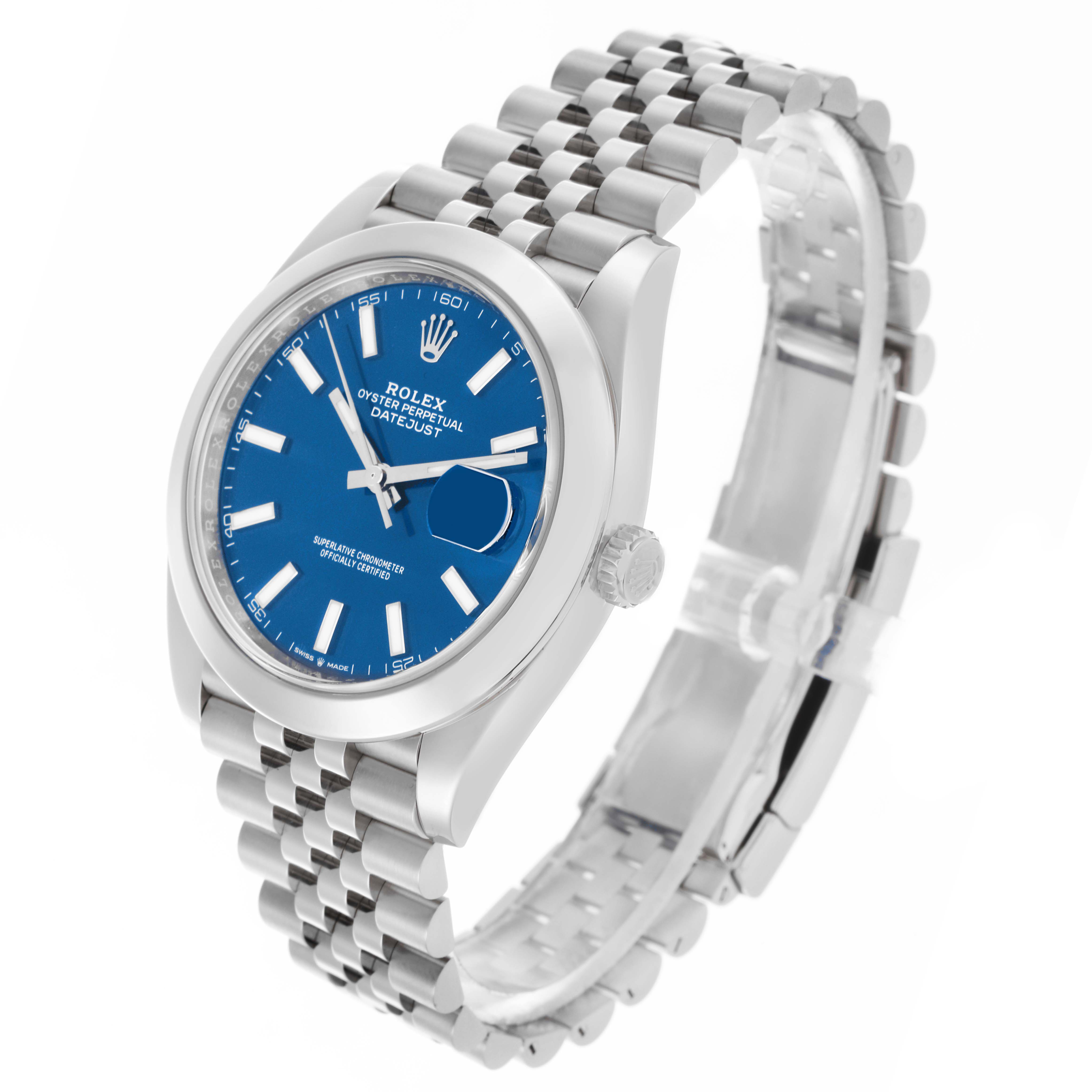 The Rolex Datejust 41 126300 Men's Stainless Steel Blue Dial 126300 Men's Stainless Steel Blue Dial watch is shown at a three-quarter angle, displaying the blue dial, jubilee bracelet, case, and crown.