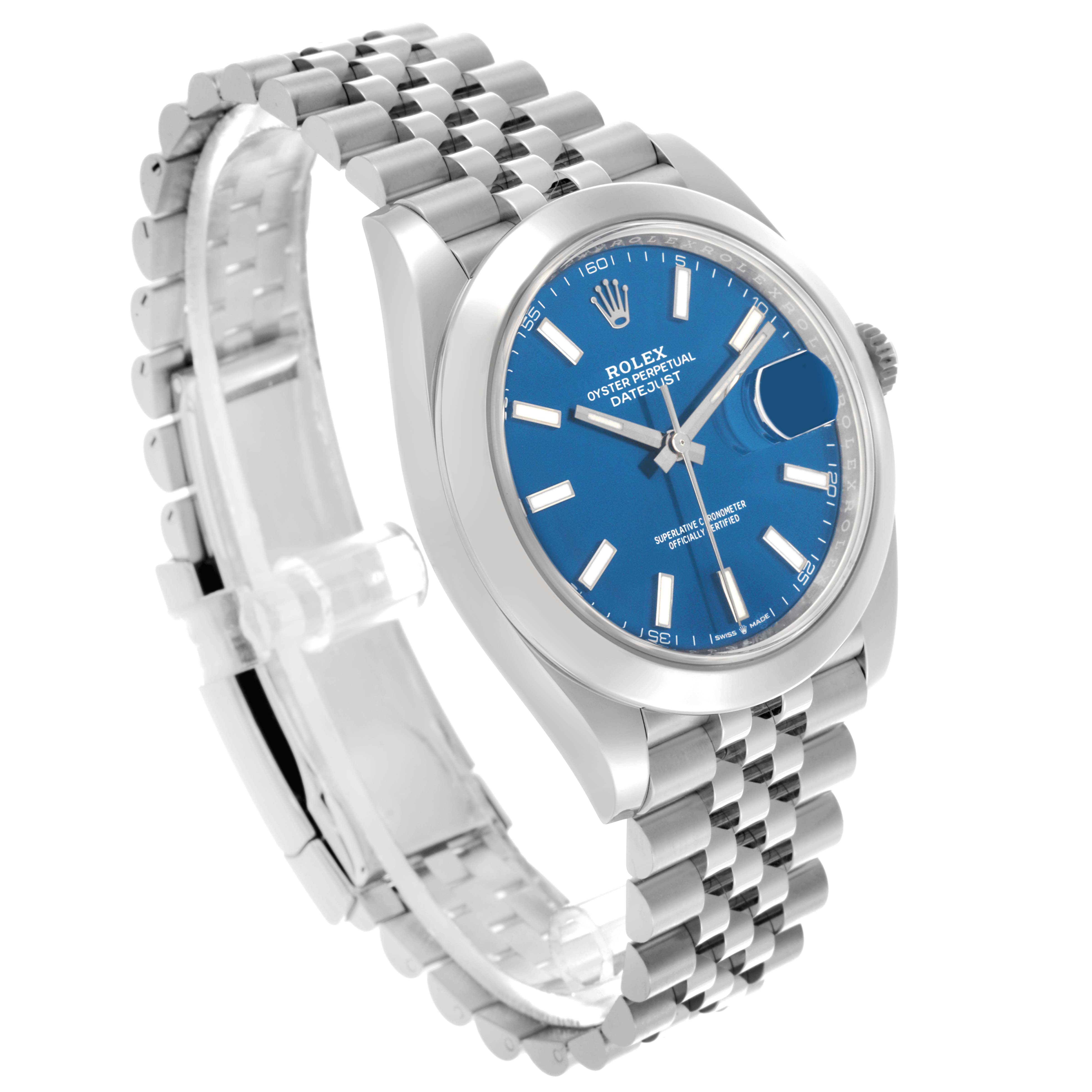 The Rolex Datejust 41 126300 Men's Stainless Steel Blue Dial 126300 Men's Stainless Steel Blue Dial watch is shown at an angled side view, highlighting the blue dial, stainless steel case, and Jubilee bracelet.