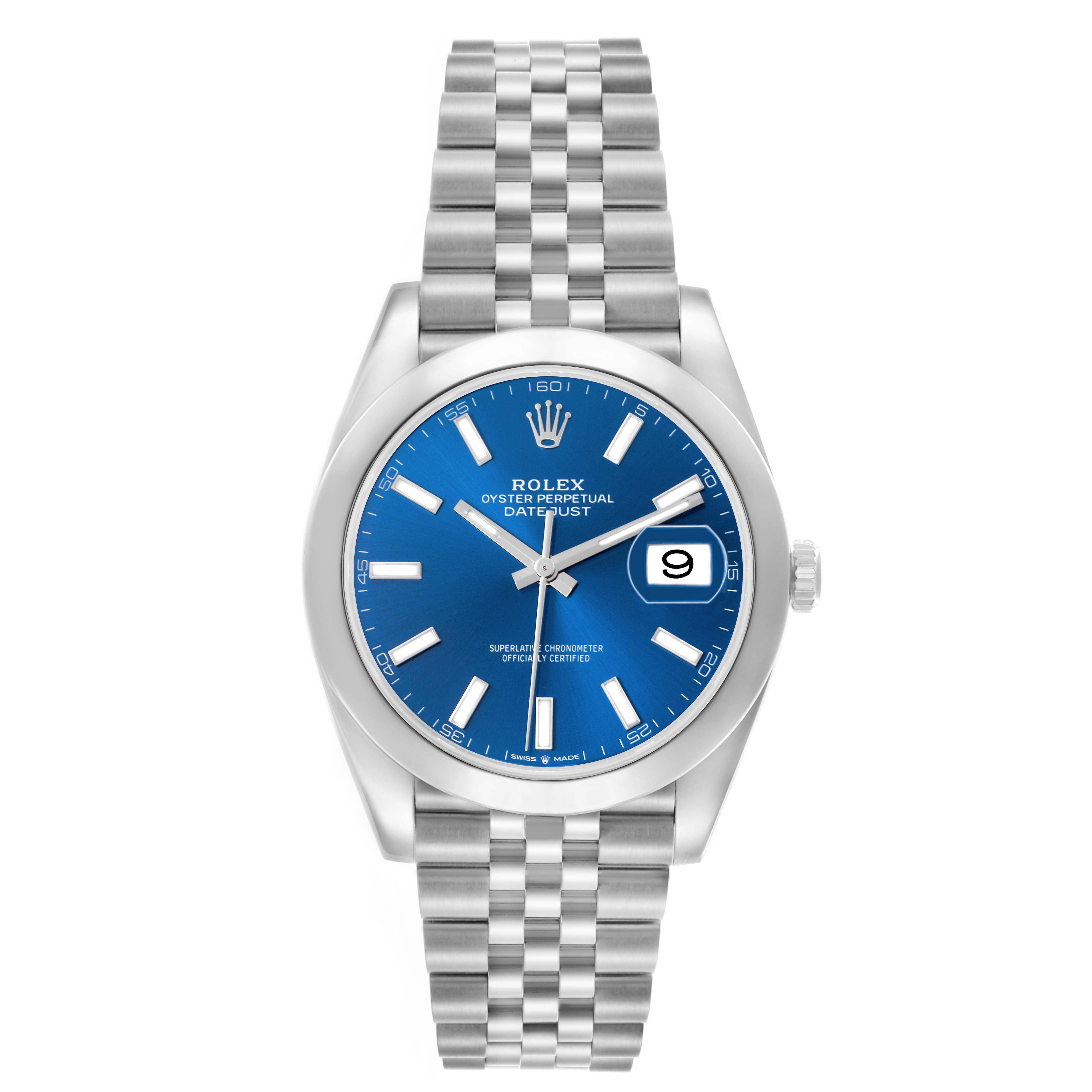 The watch is shown from a front angle, highlighting the Rolex Datejust 41 126300 Men's Stainless Steel Blue Dial 126300 Men's Stainless Steel Blue Dial's dial, case, and bracelet.