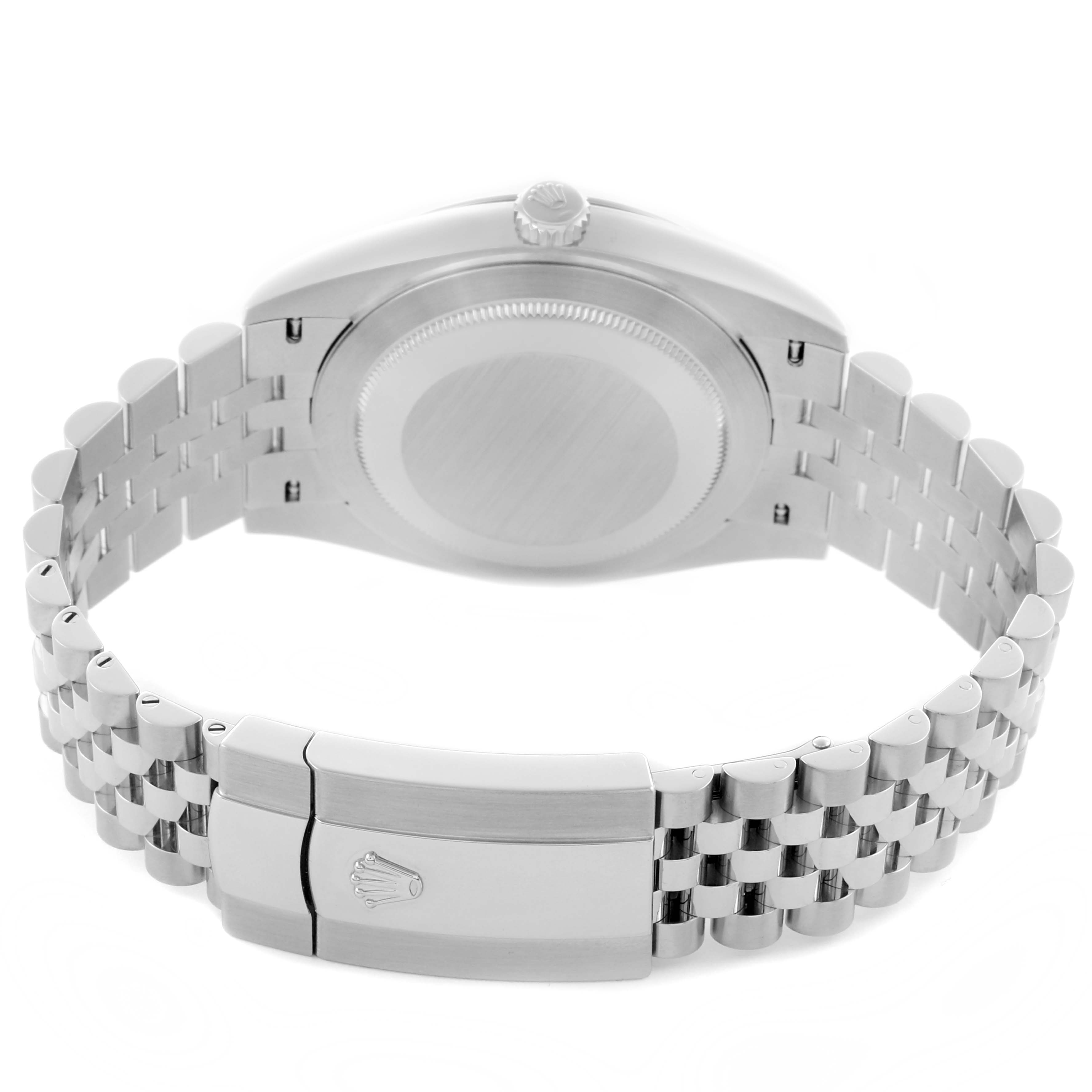 The image shows the back and bracelet of the Rolex Datejust 41 126300 Men's Stainless Steel Blue Dial 126300 Men's Stainless Steel Blue Dial, highlighting the clasp and case back.