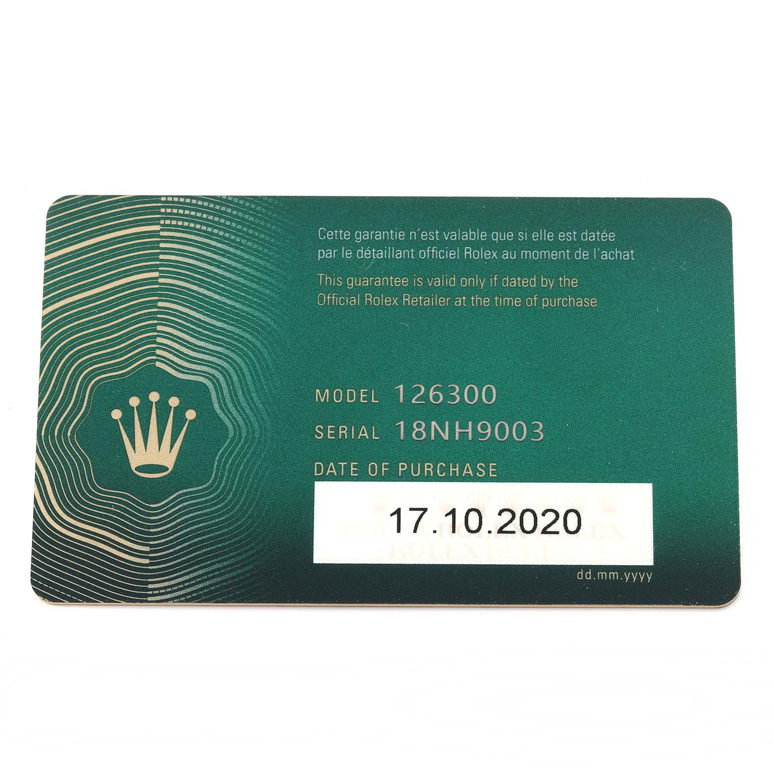 The image shows a Rolex Datejust 41 126300 Men's Stainless Steel Blue Dial 126300 Men's Stainless Steel Blue Dial guarantee card with model, serial number, and purchase date.