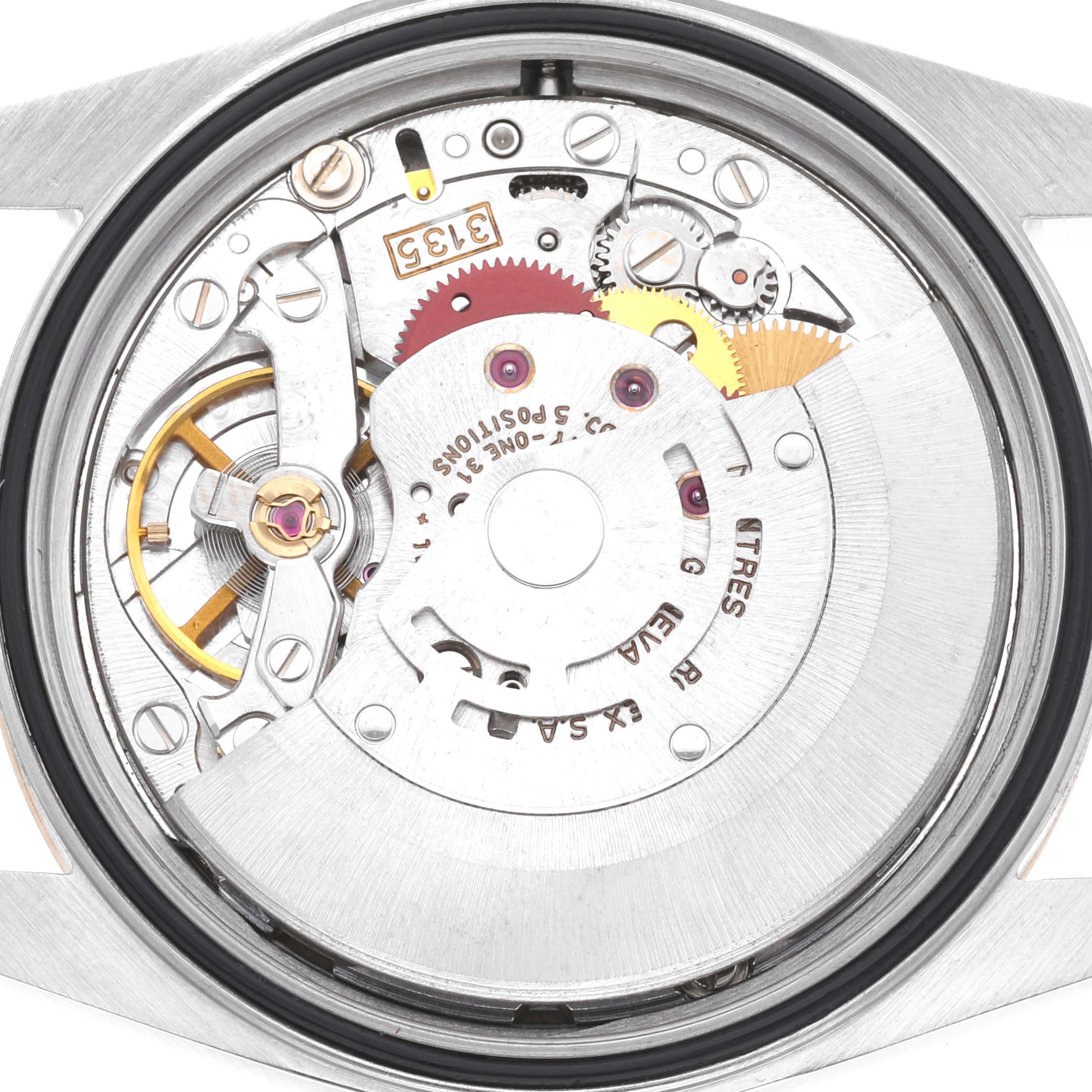 This is an image of the back view showing the movement and internal mechanism of a Rolex Datejust 16233 Men's Steel and Gold (two tone) Champagne Dial 16233 Men's Steel and Gold (two tone) Champagne Dial watch.