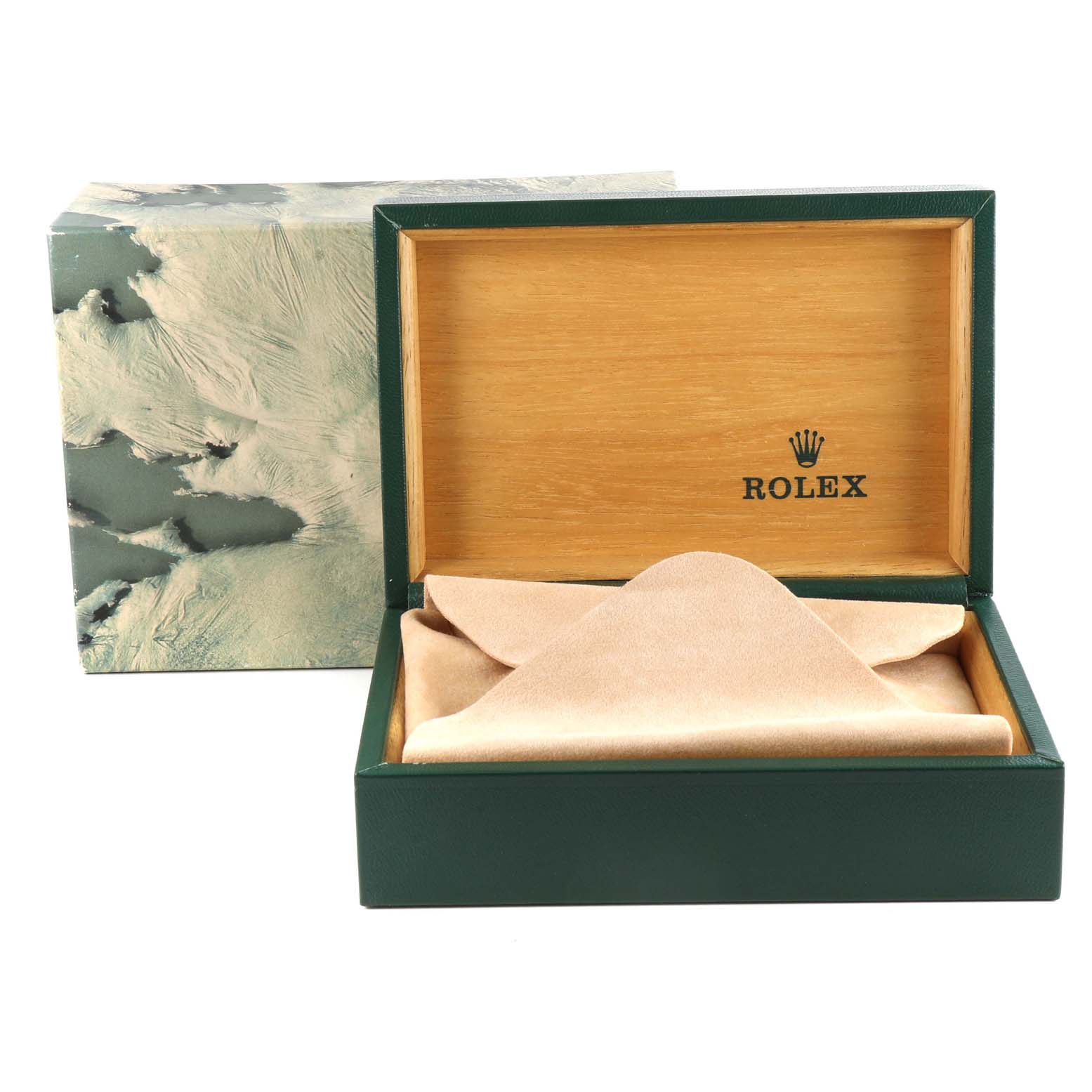 The image shows an open Rolex Datejust 16233 Men's Steel and Gold (two tone) Champagne Dial 16233 Men's Steel and Gold (two tone) Champagne Dial watch box with its outer packaging.