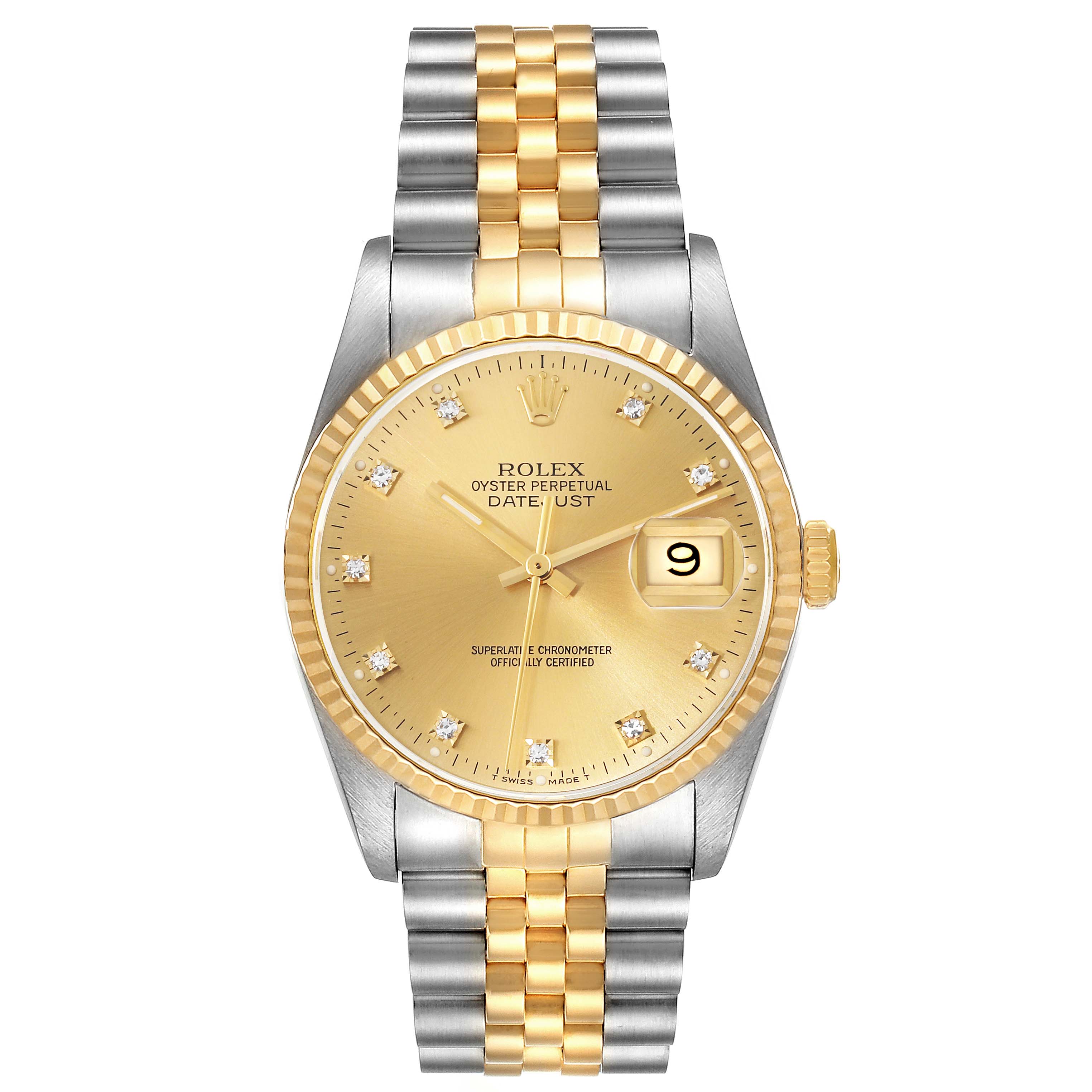The Rolex Datejust 16233 Men's Steel and Gold (two tone) Champagne Dial 16233 Men's Steel and Gold (two tone) Champagne Dial watch is shown from a front angle, highlighting its gold and silver bracelet, gold dial, and date display.
