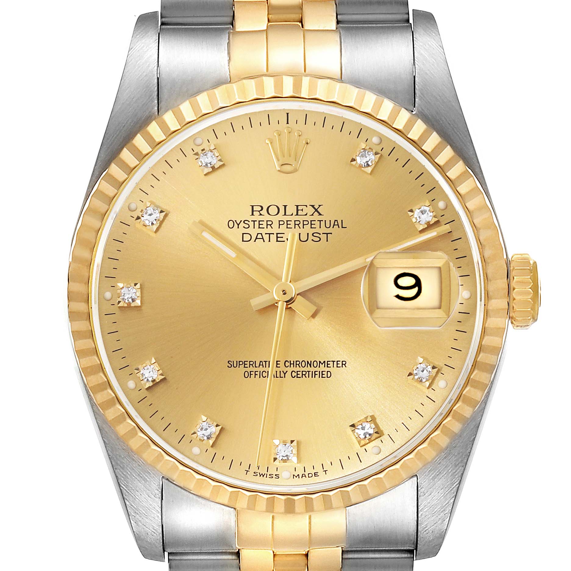 The image shows the front view of a Rolex Datejust 16233 Men's Steel and Gold (two tone) Champagne Dial 16233 Men's Steel and Gold (two tone) Champagne Dial watch, highlighting its gold dial, date display, and two-tone bracelet.