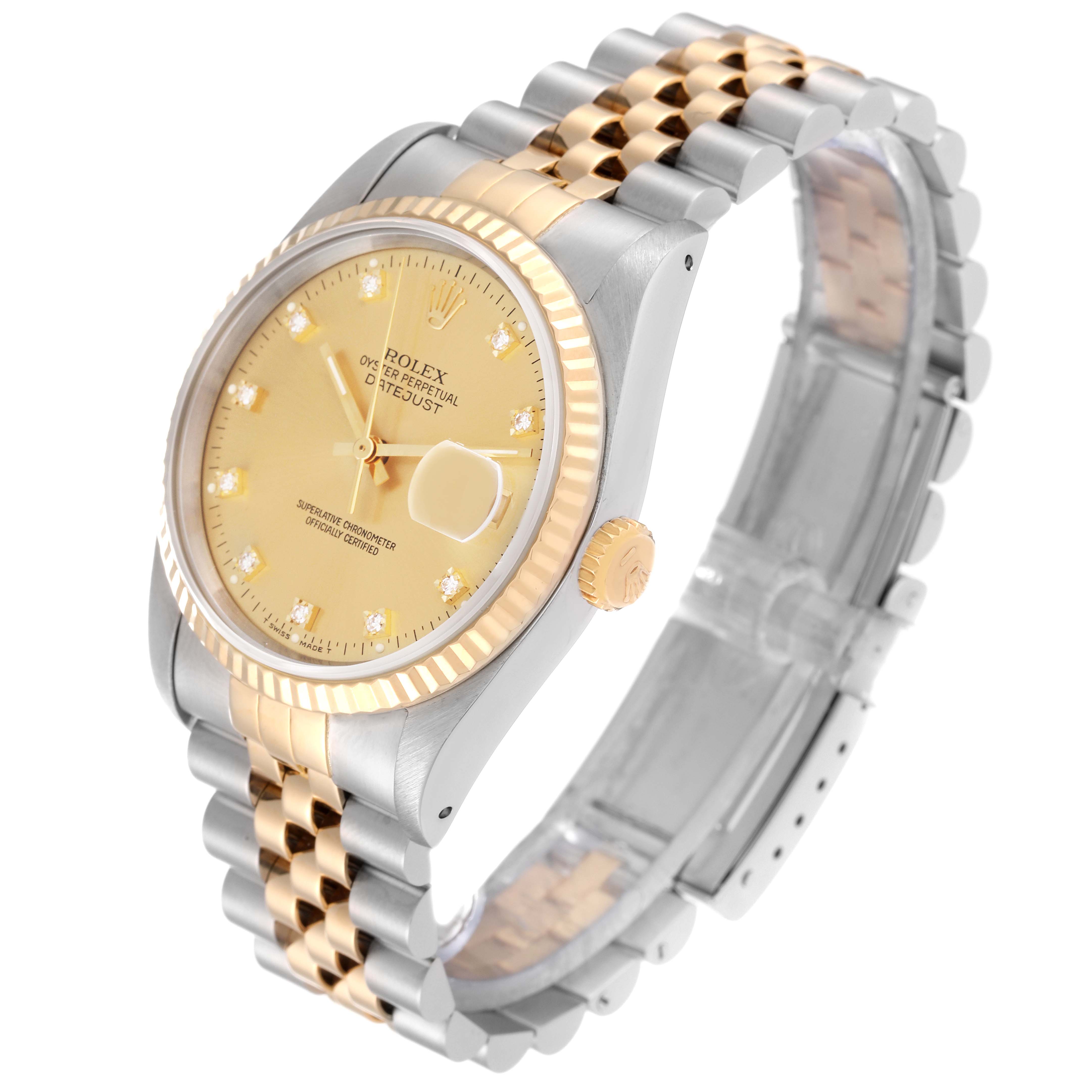 The Rolex Datejust 16233 Men's Steel and Gold (two tone) Champagne Dial 16233 Men's Steel and Gold (two tone) Champagne Dial watch is shown at an angle, displaying the dial, bezel, crown, and two-tone bracelet.