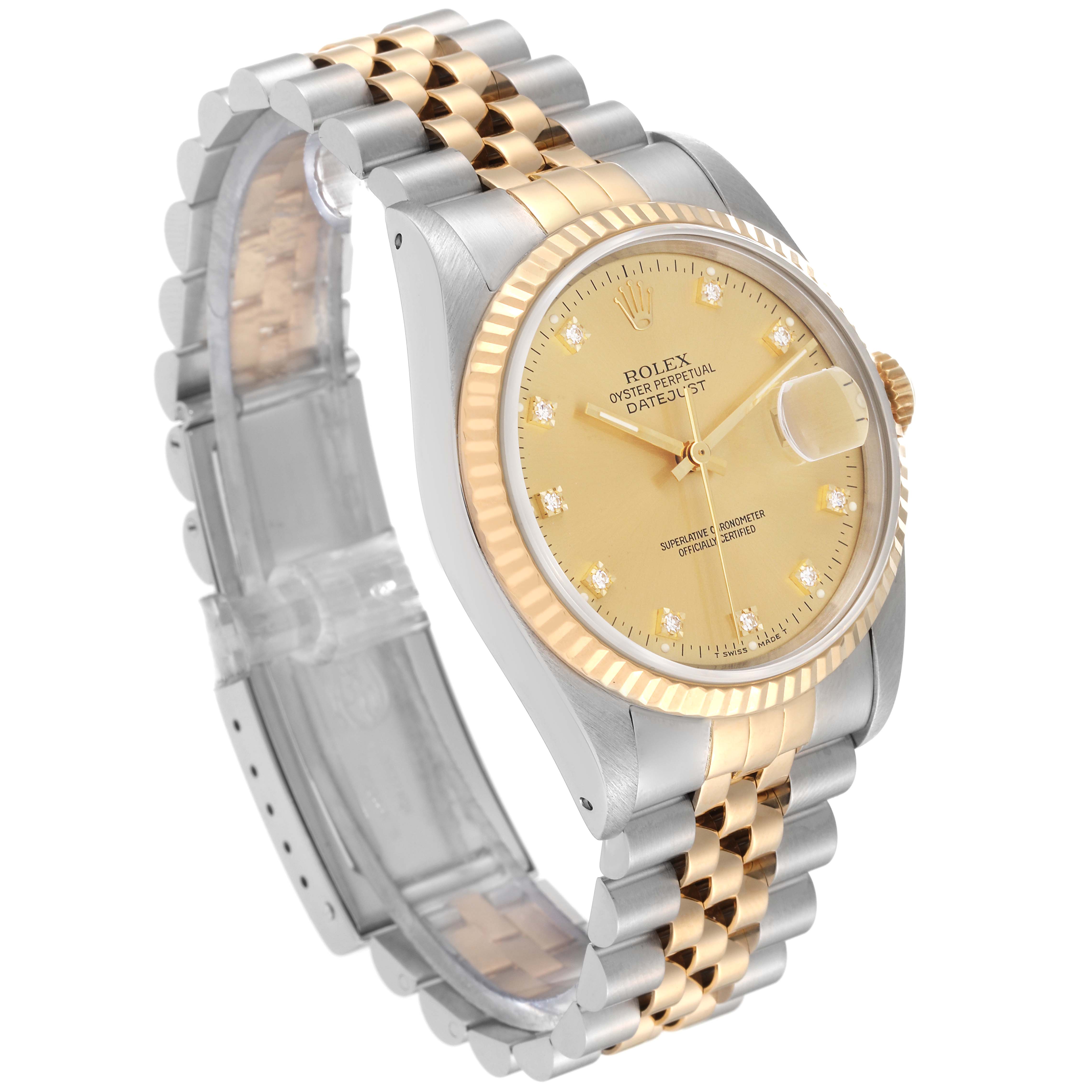 This image shows a side view of a Rolex Datejust 16233 Men's Steel and Gold (two tone) Champagne Dial 16233 Men's Steel and Gold (two tone) Champagne Dial watch, highlighting the gold and silver-toned bracelet and the champagne dial with diamond hour markers.