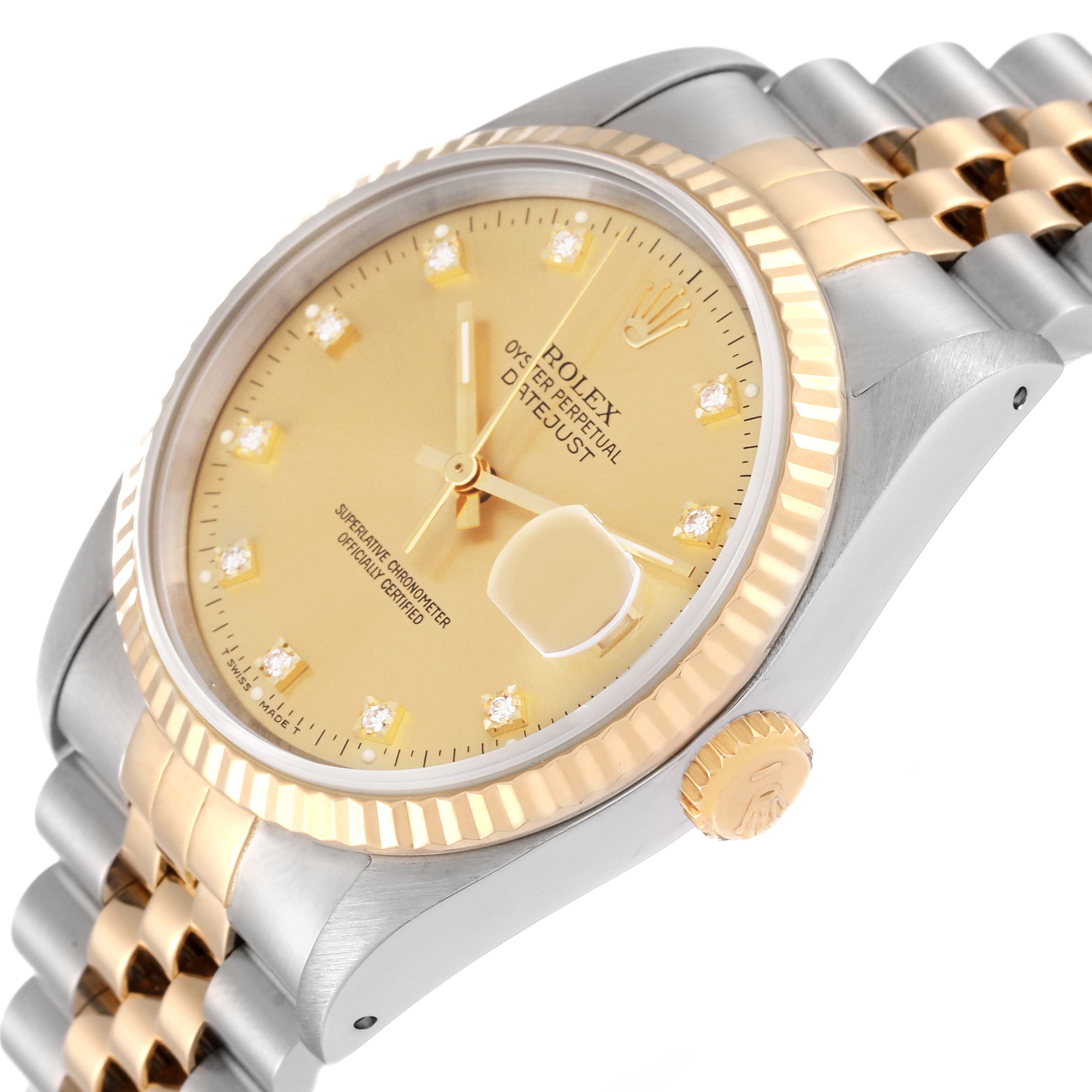 The image shows a Rolex Datejust 16233 Men's Steel and Gold (two tone) Champagne Dial 16233 Men's Steel and Gold (two tone) Champagne Dial watch from a tilted angle, highlighting the dial, bezel, crown, and part of the bracelet.