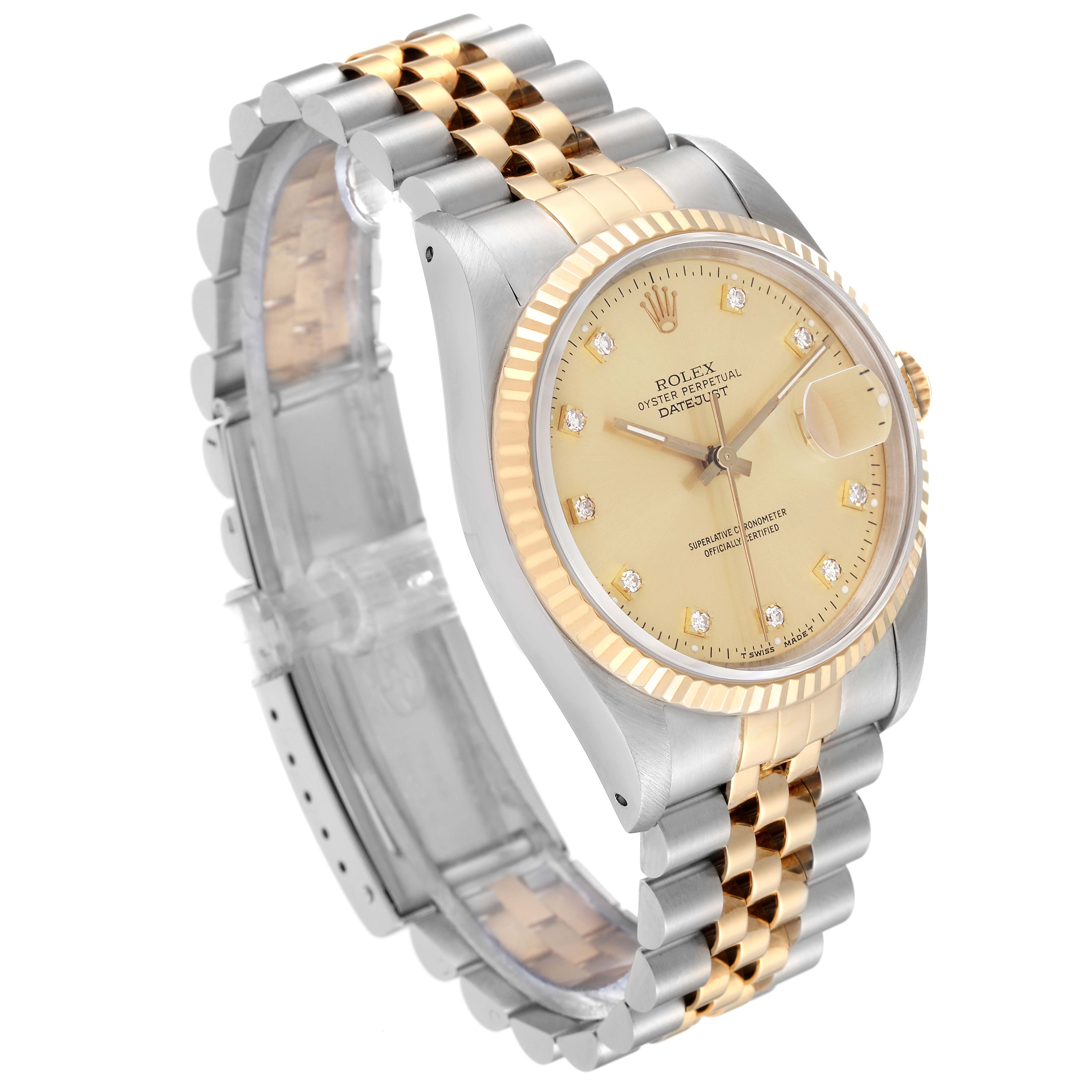 This image shows a Rolex Datejust 16233 Men's Steel and Gold (two tone) Champagne Dial 16233 Men's Steel and Gold (two tone) Champagne Dial watch angled to highlight its gold and silver bracelet, bezel, and champagne dial with diamond markers.