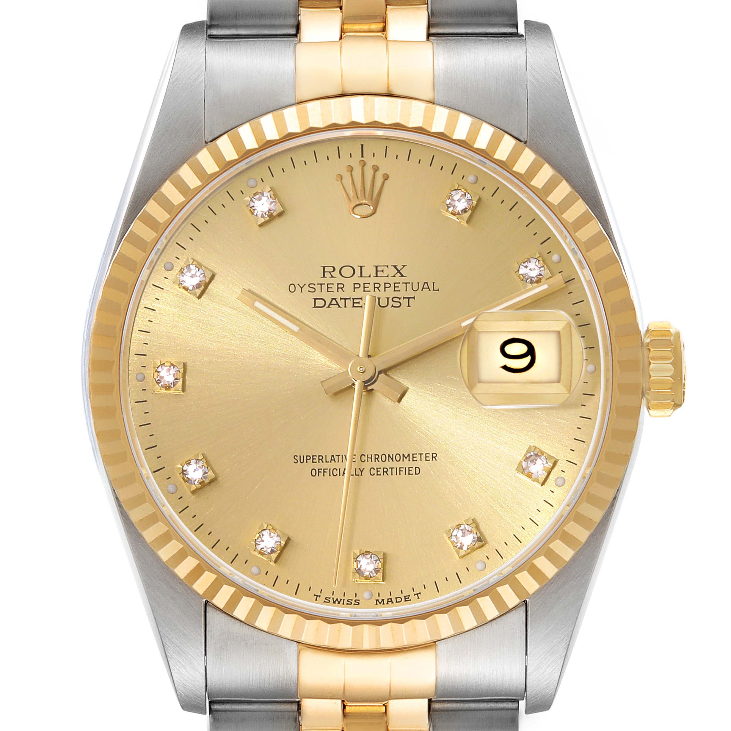 The image shows a front view of a Rolex Datejust 16233 Men's Steel and Gold (two tone) Champagne Dial 16233 Men's Steel and Gold (two tone) Champagne Dial, featuring its gold dial, date window, and jubilee bracelet.