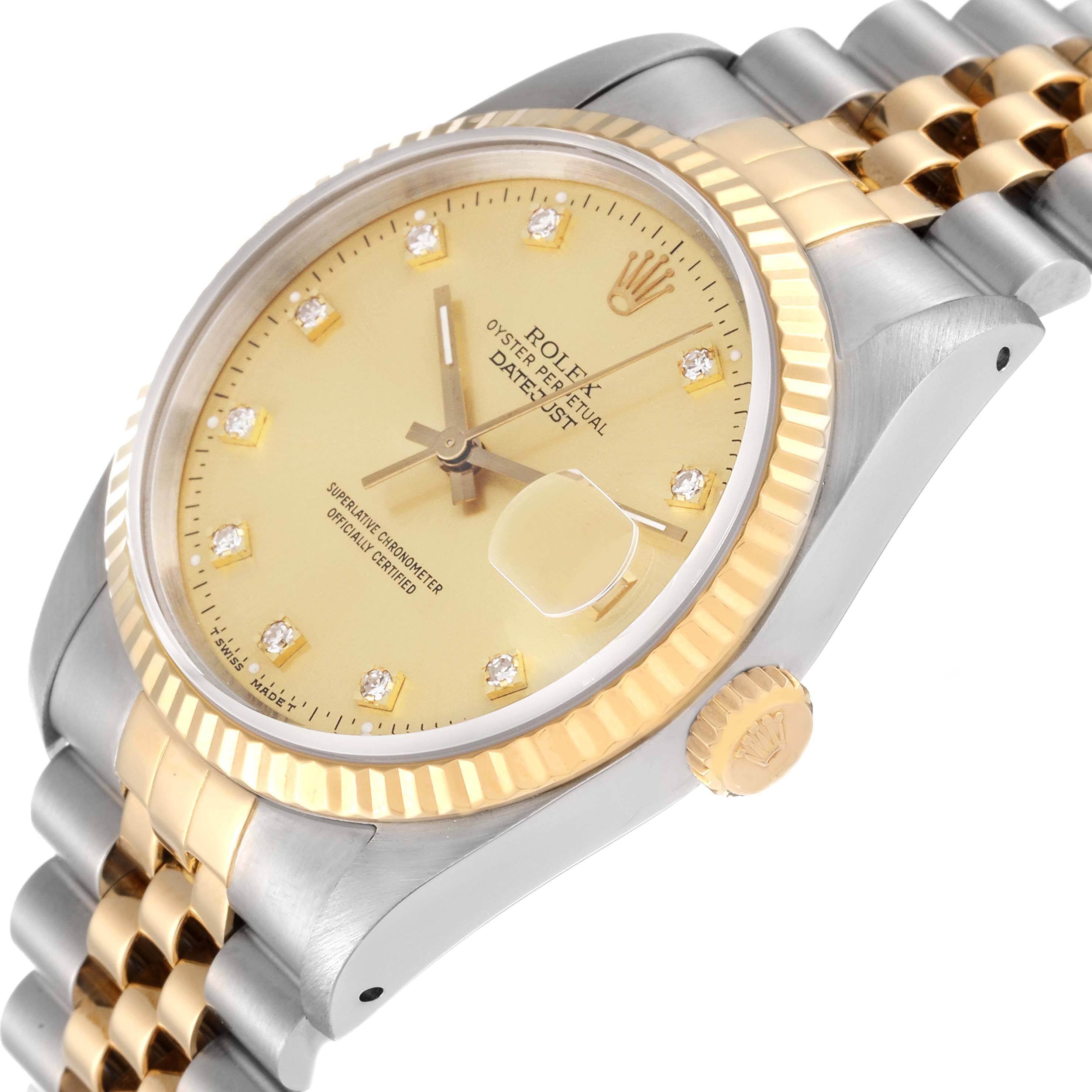 The image shows a Rolex Datejust 16233 Men's Steel and Gold (two tone) Champagne Dial 16233 Men's Steel and Gold (two tone) Champagne Dial watch at an angle, highlighting its bezel, dial, crown, and part of its bracelet.