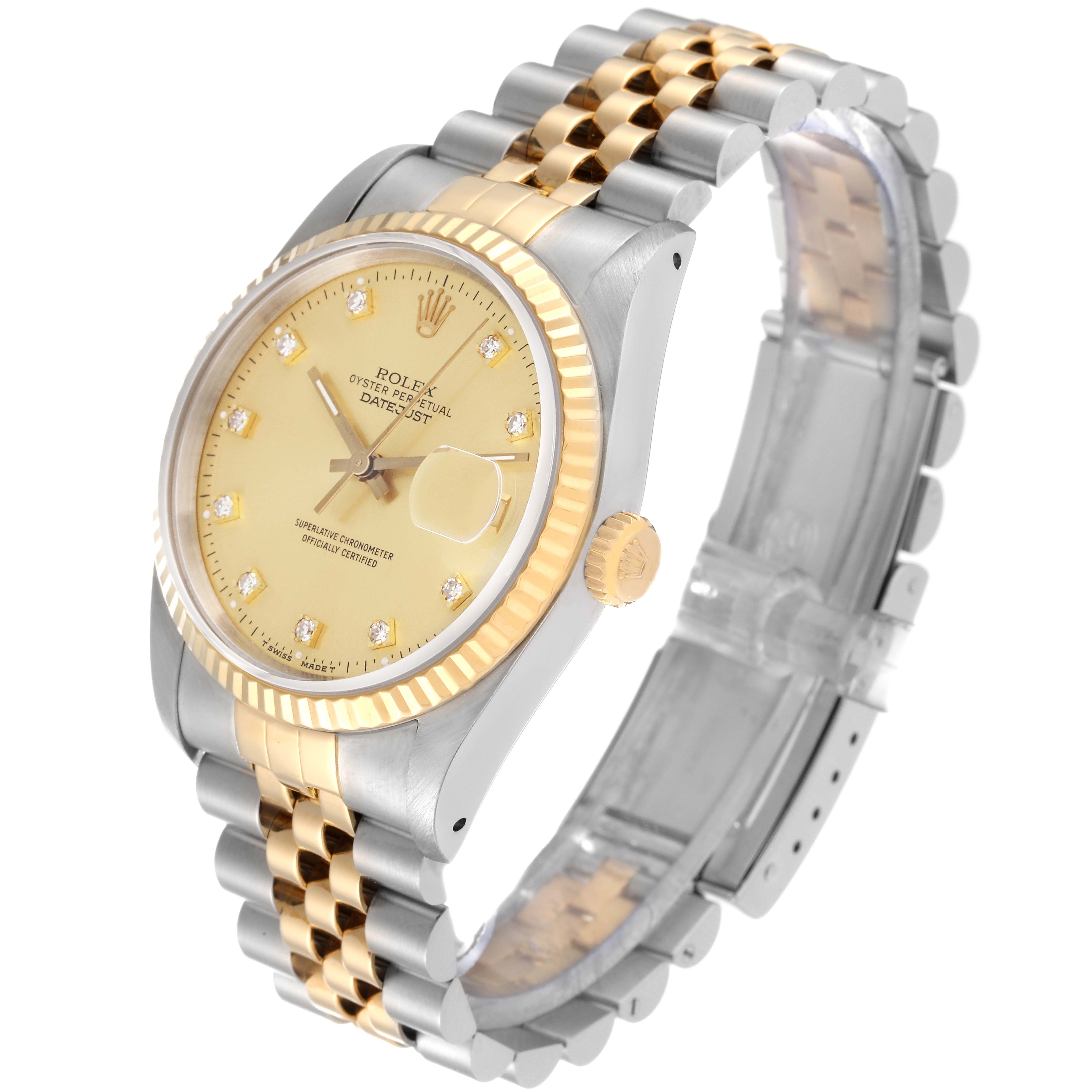 The Rolex Datejust 16233 Men's Steel and Gold (two tone) Champagne Dial 16233 Men's Steel and Gold (two tone) Champagne Dial watch is shown at a three-quarter angle, displaying the dial, bezel, crown, and Jubilee bracelet.