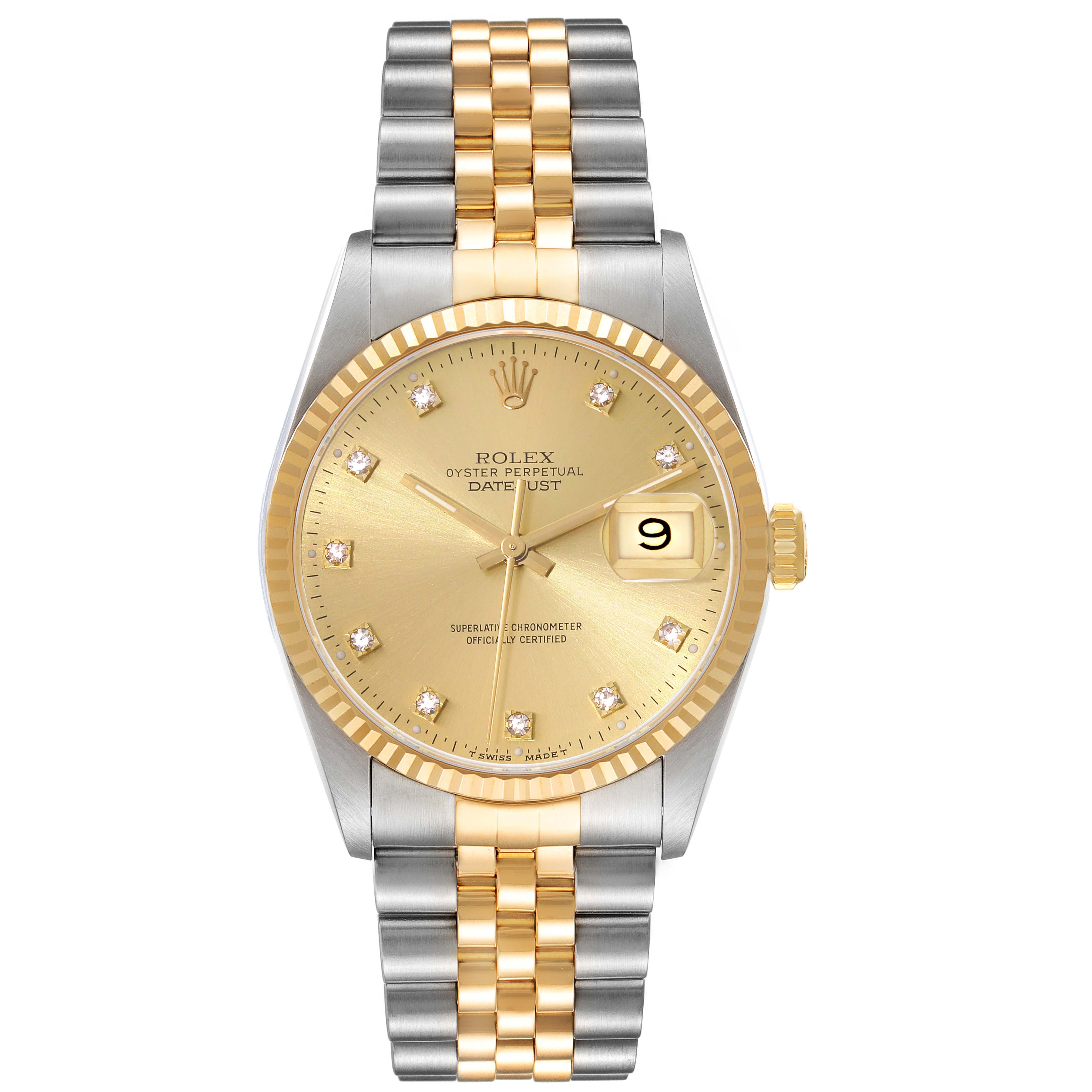 This image shows a Rolex Datejust 16233 Men's Steel and Gold (two tone) Champagne Dial 16233 Men's Steel and Gold (two tone) Champagne Dial watch from a front angle, highlighting its gold dial, date display, and two-tone bracelet.