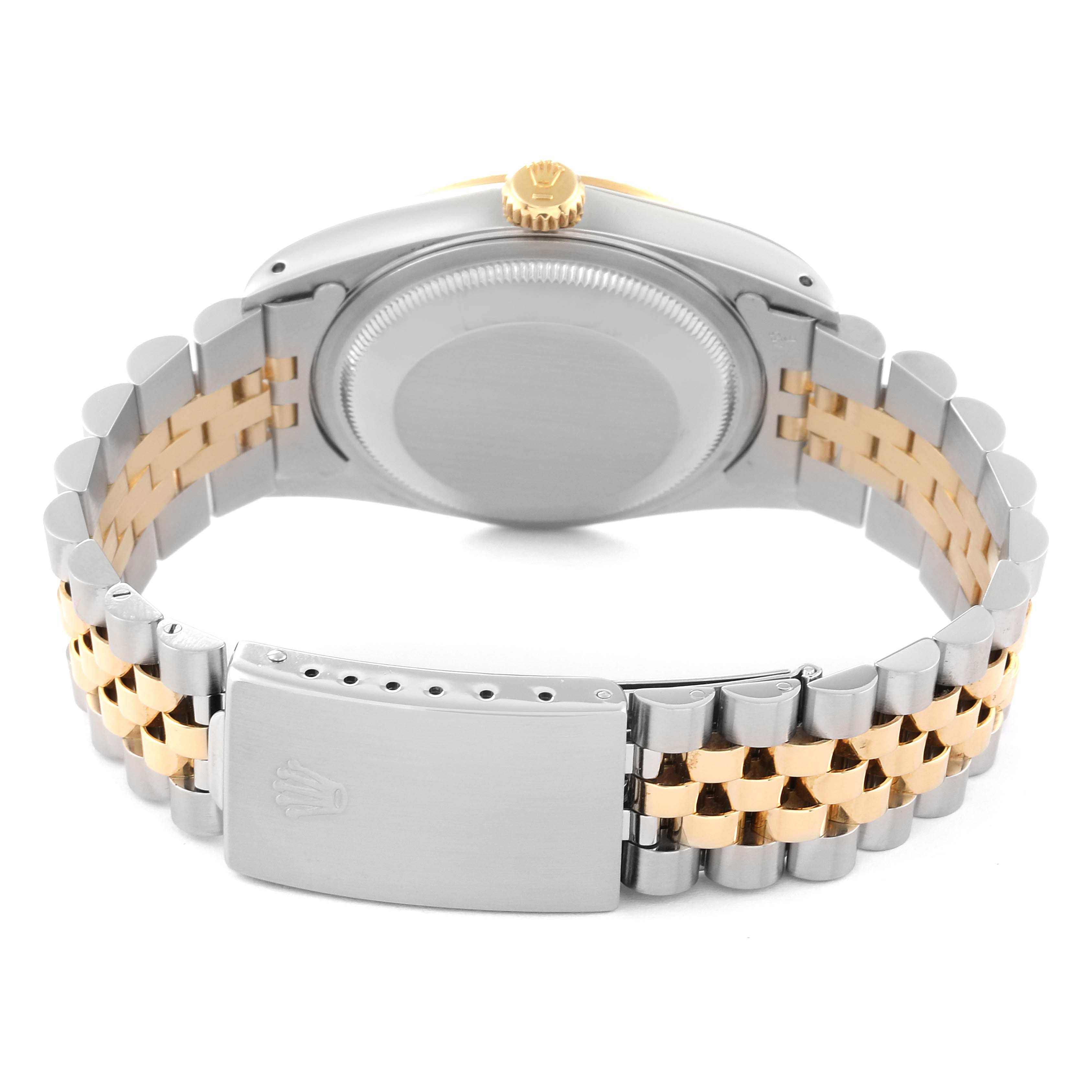 The image shows the back and bracelet of a Rolex Datejust 16233 Men's Steel and Gold (two tone) Champagne Dial 16233 Men's Steel and Gold (two tone) Champagne Dial watch, highlighted with a two-tone metal finish.