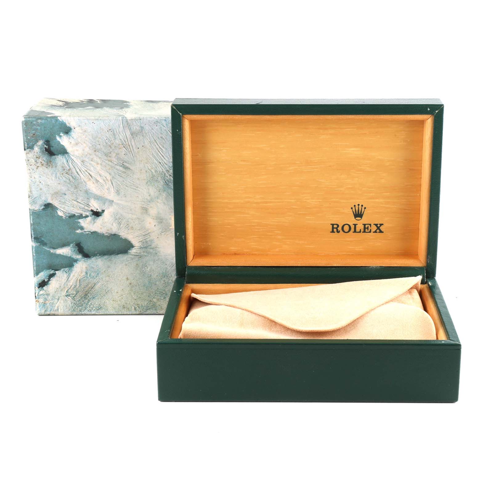 The image shows a Rolex Datejust 16233 Men's Steel and Gold (two tone) Champagne Dial 16233 Men's Steel and Gold (two tone) Champagne Dial watch box and a Rolex-branded case viewed from the front.