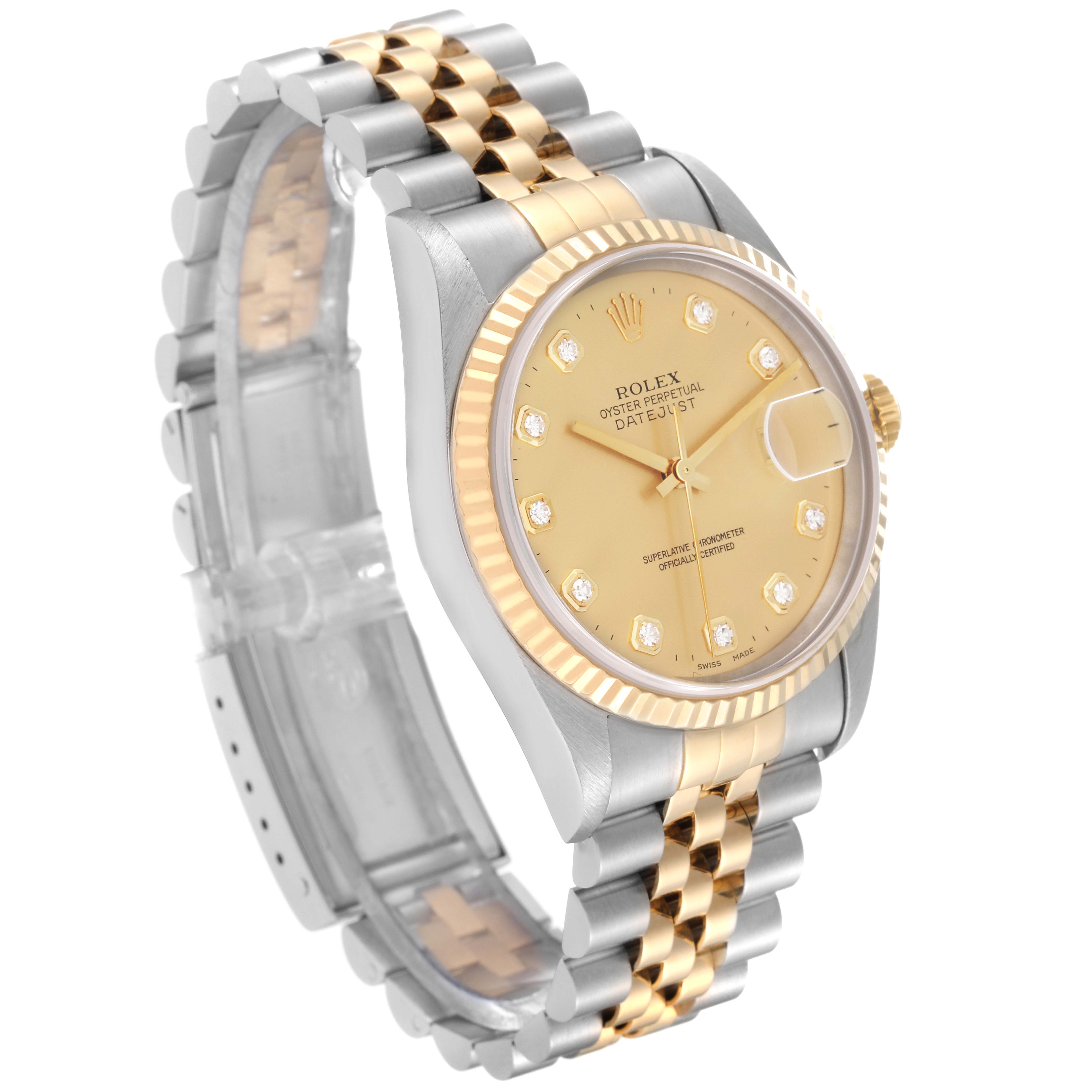 This image shows a Rolex Datejust 16233 Men's Steel and Gold (two tone) Champagne Dial 16233 Men's Steel and Gold (two tone) Champagne Dial watch from a side-front angle, highlighting its gold and silver bracelet, fluted bezel, and dial.