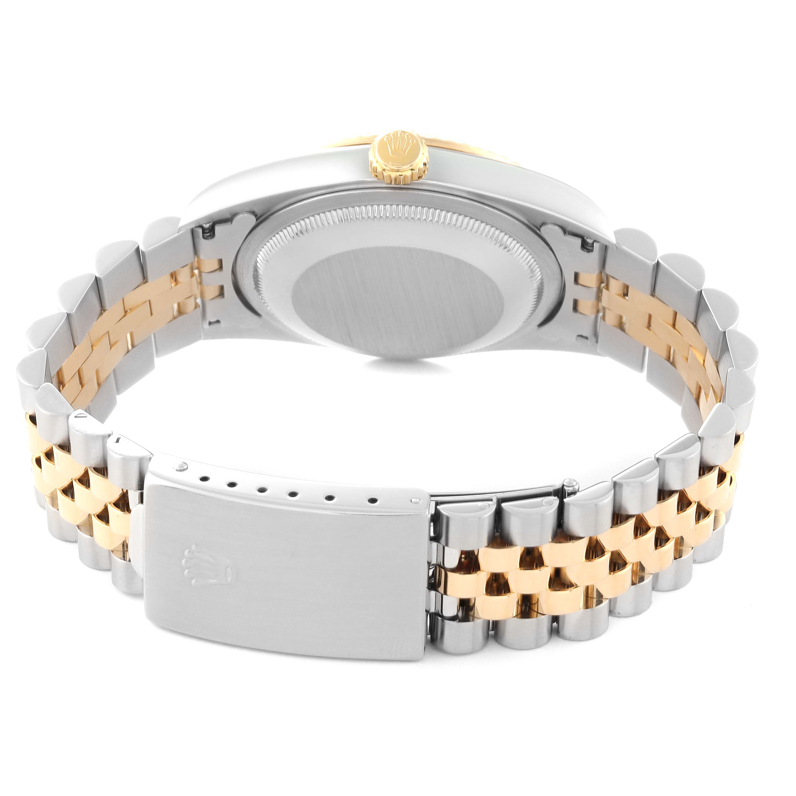 The image shows the back of a Rolex Datejust 16233 Men's Steel and Gold (two tone) Champagne Dial 16233 Men's Steel and Gold (two tone) Champagne Dial, highlighting the case back and two-tone Jubilee bracelet.