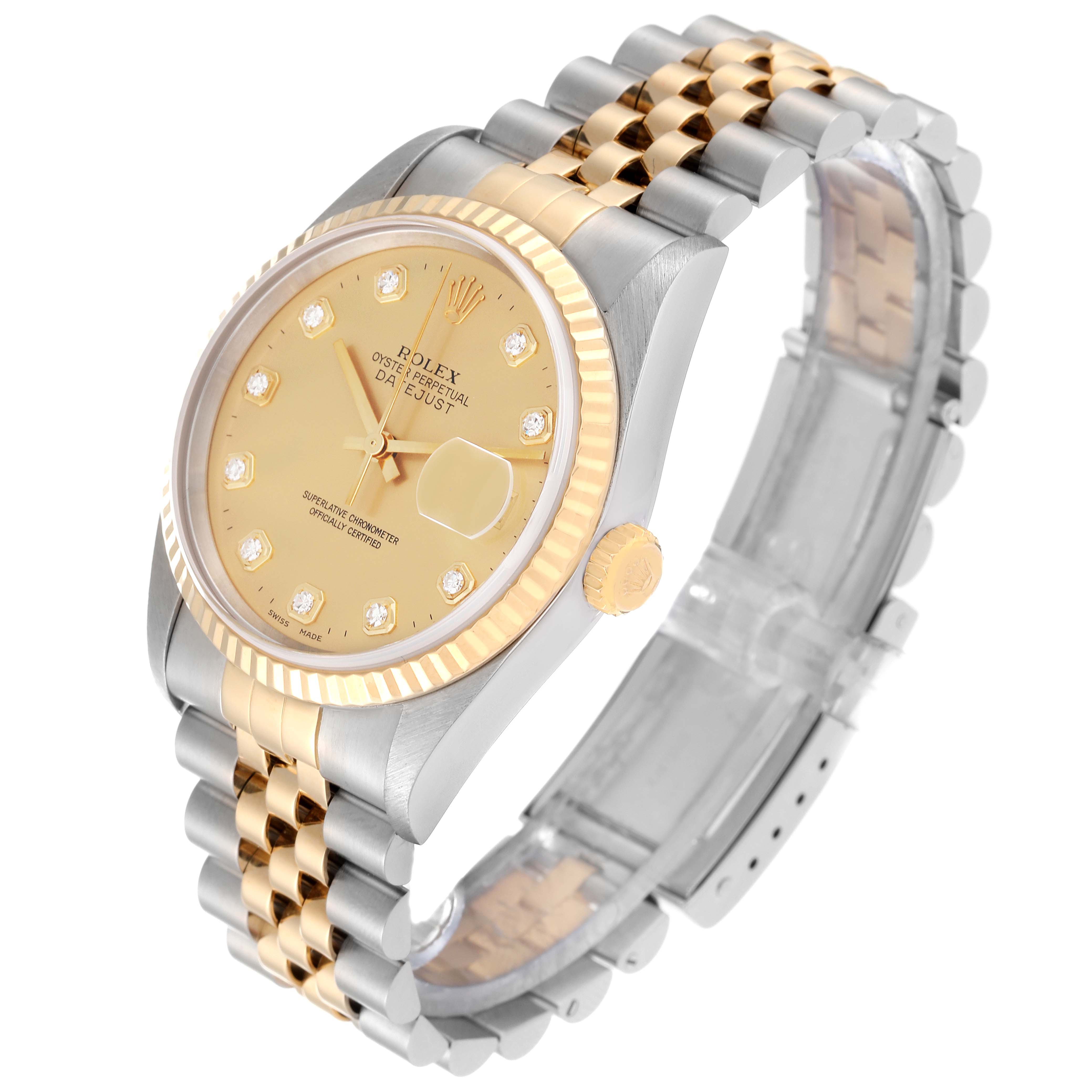 This image shows a Rolex Datejust 16233 Men's Steel and Gold (two tone) Champagne Dial 16233 Men's Steel and Gold (two tone) Champagne Dial watch from an angled view, highlighting its dial, bezel, crown, and two-tone bracelet.