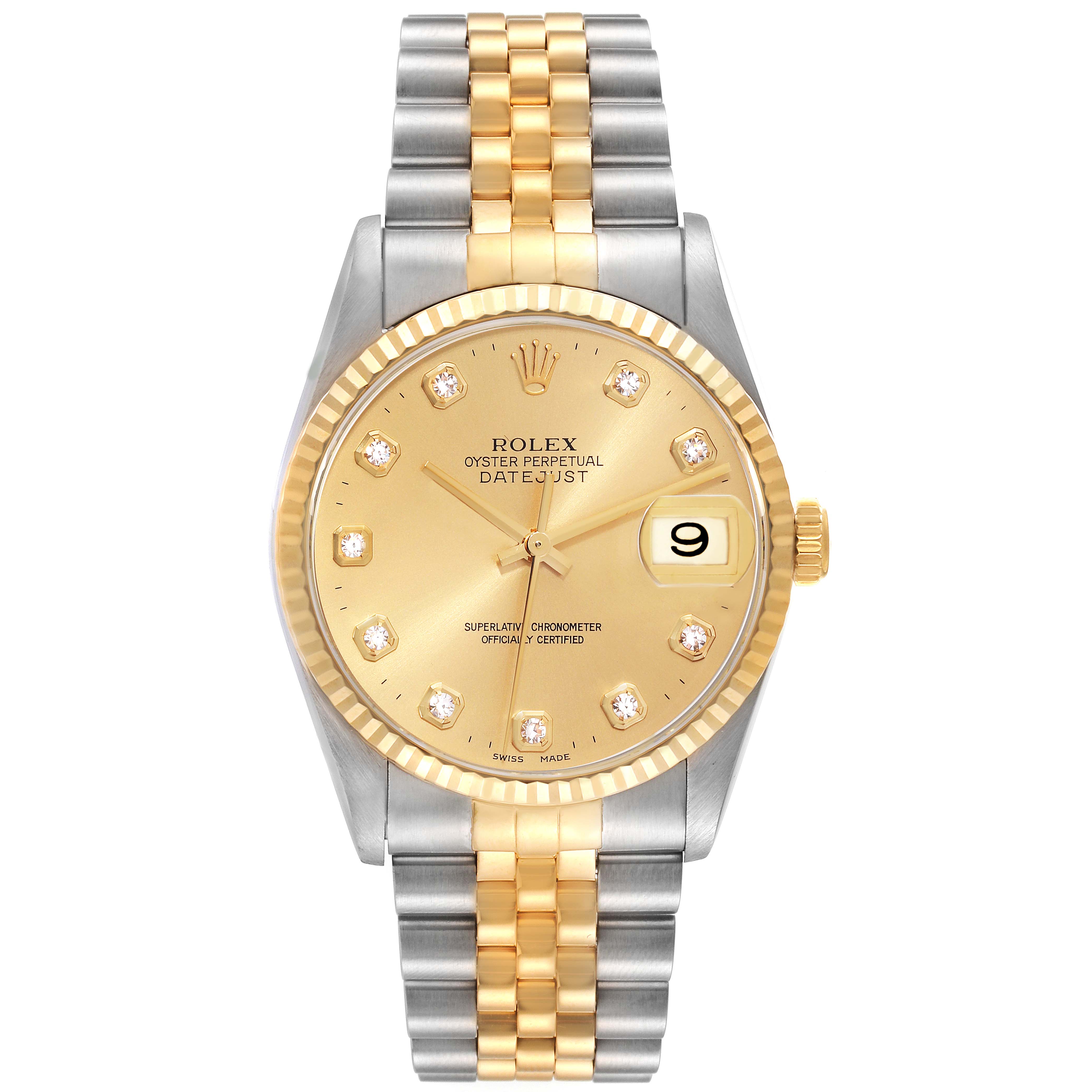 This image shows a front view of a Rolex Datejust 16233 Men's Steel and Gold (two tone) Champagne Dial 16233 Men's Steel and Gold (two tone) Champagne Dial watch with a gold dial, fluted bezel, and two-tone bracelet.