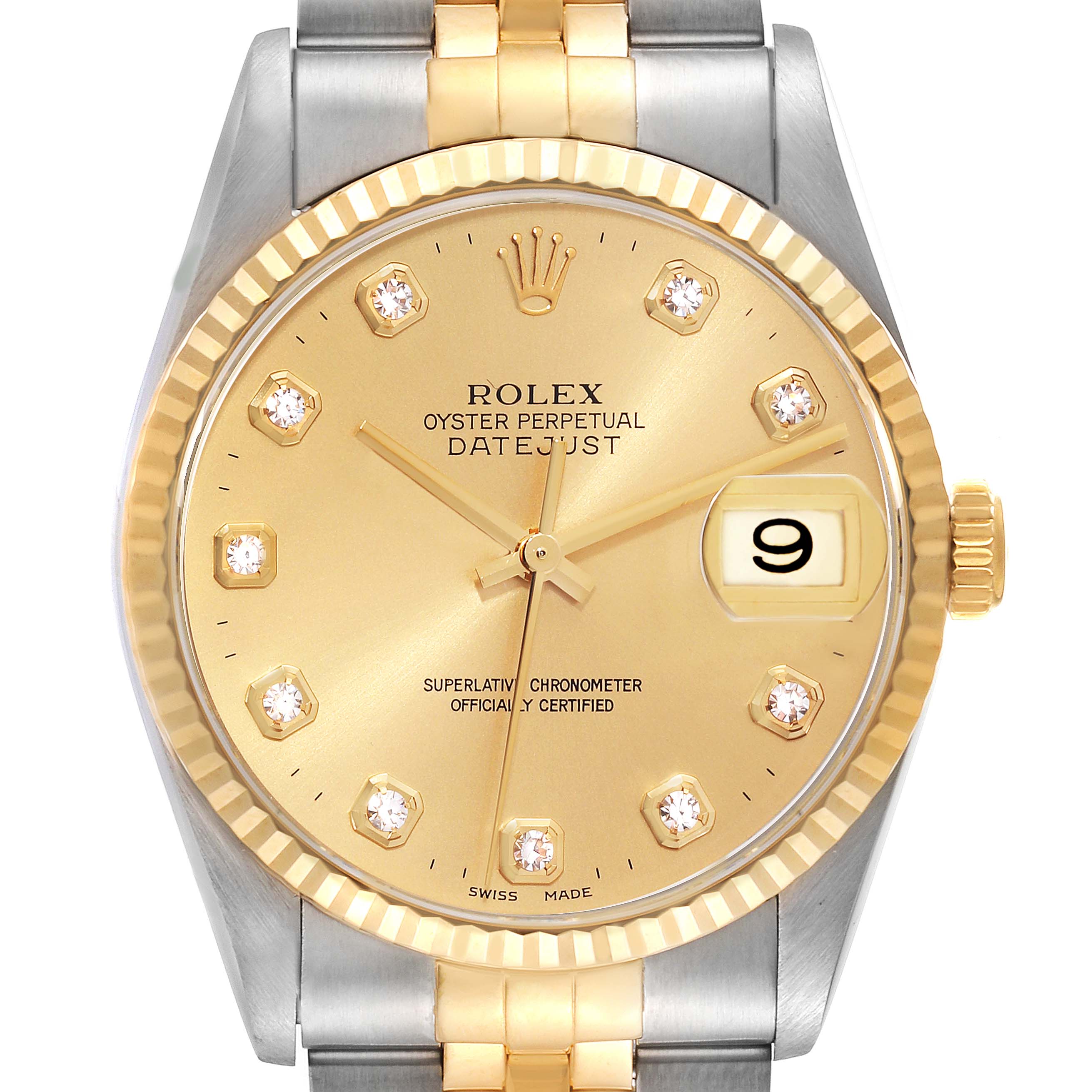 The image shows a close-up of the face, bezel, and part of the bracelet of a Rolex Datejust 16233 Men's Steel and Gold (two tone) Champagne Dial 16233 Men's Steel and Gold (two tone) Champagne Dial watch.