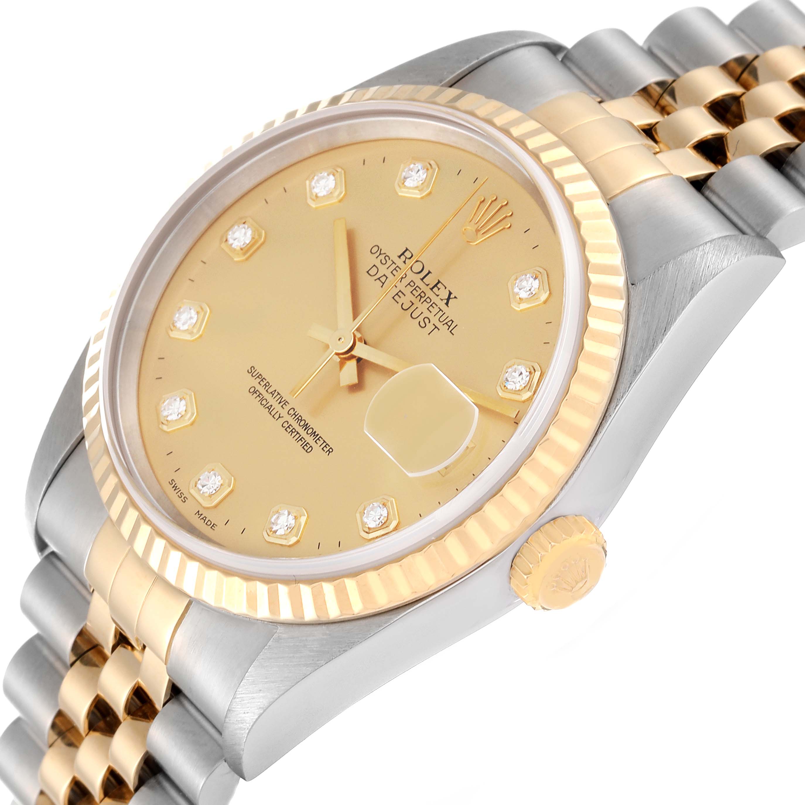 This image shows a tilted side view of a Rolex Datejust 16233 Men's Steel and Gold (two tone) Champagne Dial 16233 Men's Steel and Gold (two tone) Champagne Dial watch displaying its dial, bezel, crown, and bracelet.