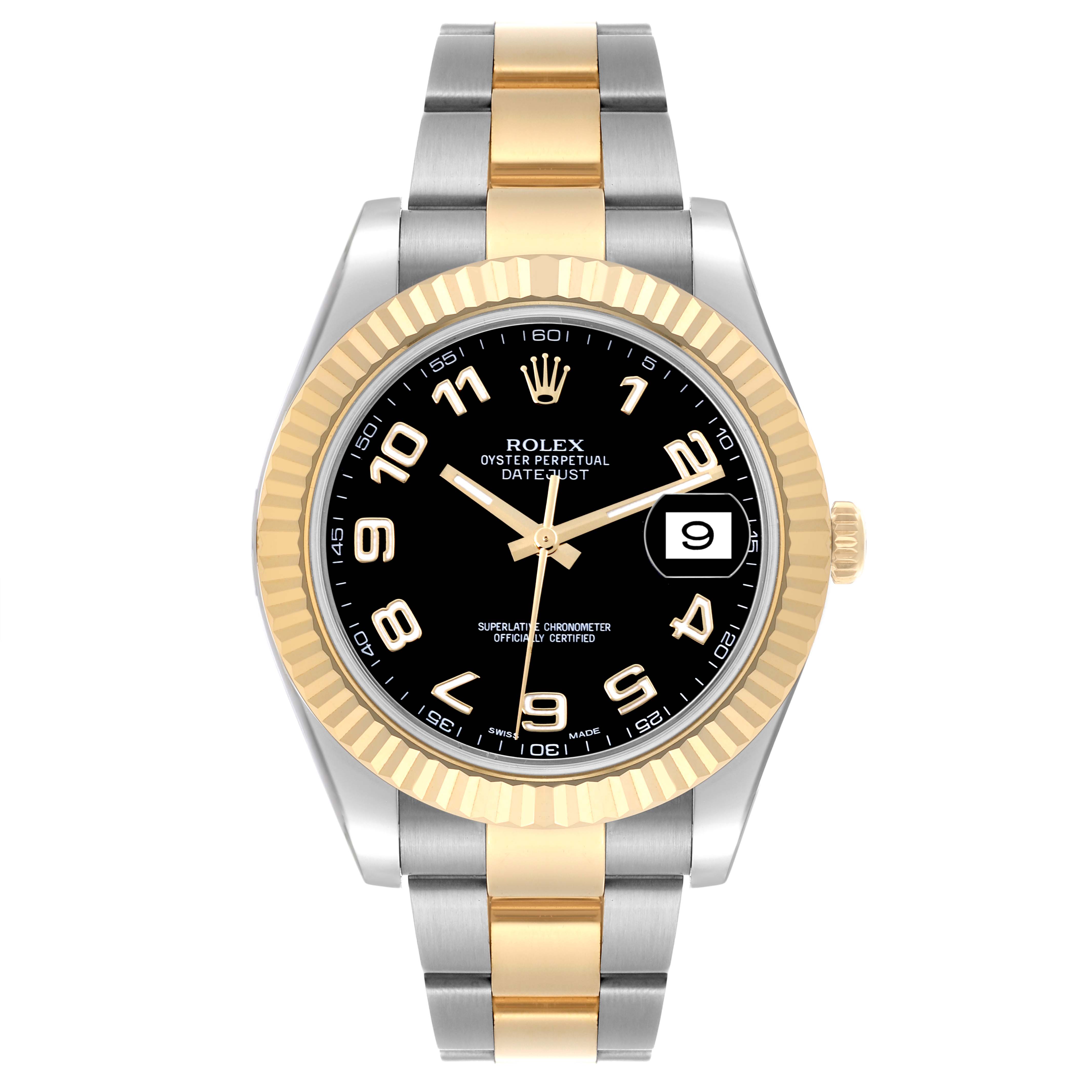 The Rolex Datejust 41 116333 Men's Steel and Gold (two tone) Black Dial 116333 Men's Steel and Gold (two tone) Black Dial watch is shown from the front, displaying the face, bezel, and two-tone bracelet.