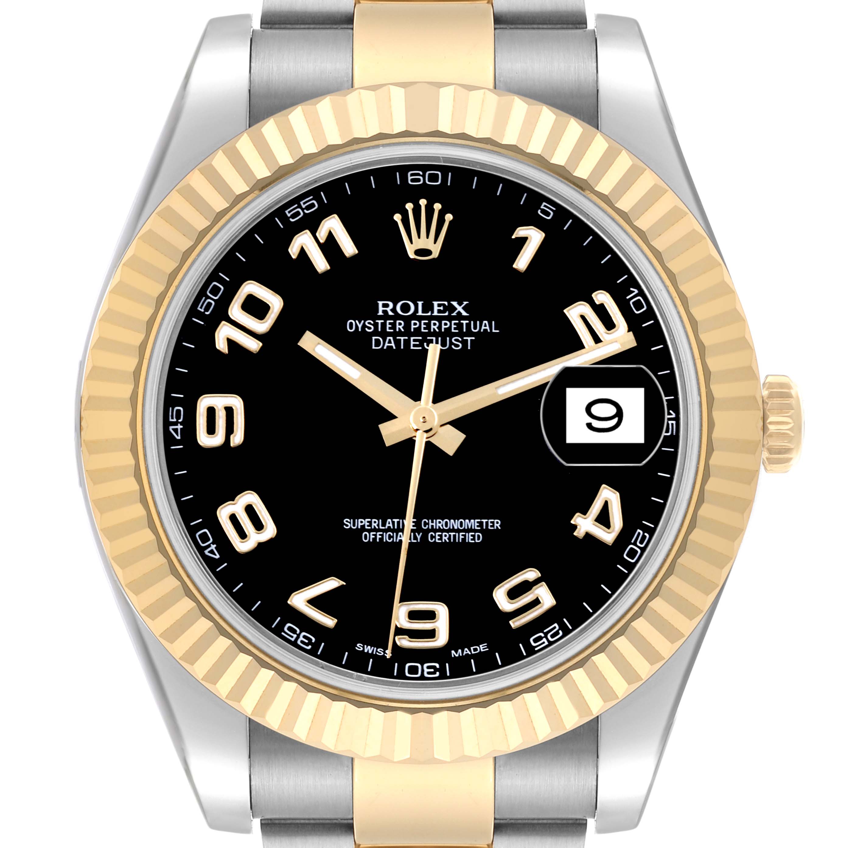 The Rolex Datejust 41 116333 Men's Steel and Gold (two tone) Black Dial 116333 Men's Steel and Gold (two tone) Black Dial watch is shown from the front, highlighting the bezel, dial, hands, and bracelet.