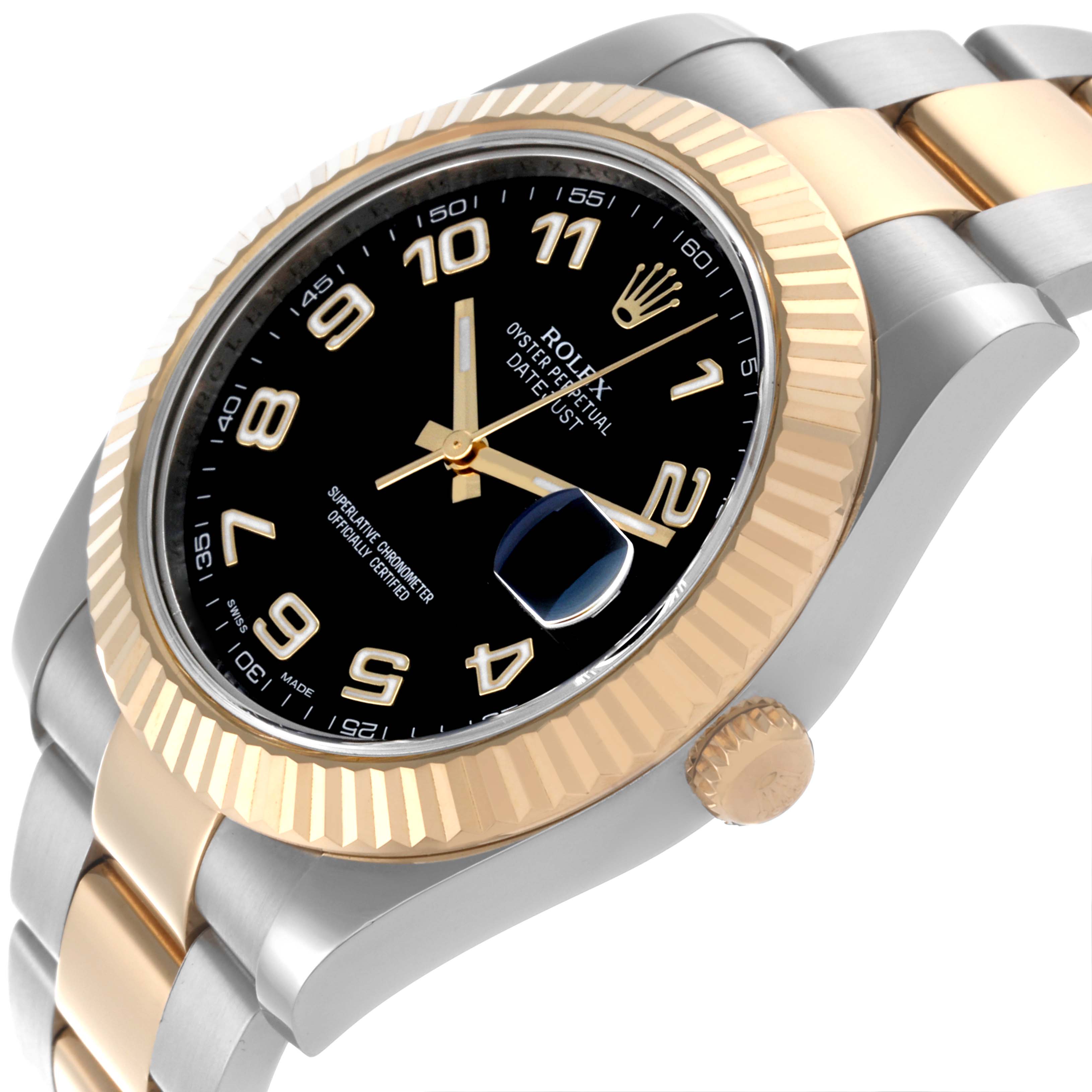 The Rolex Datejust 41 116333 Men's Steel and Gold (two tone) Black Dial 116333 Men's Steel and Gold (two tone) Black Dial is shown at an angle highlighting the bezel, dial, and bracelet, with a view of the watch crown.