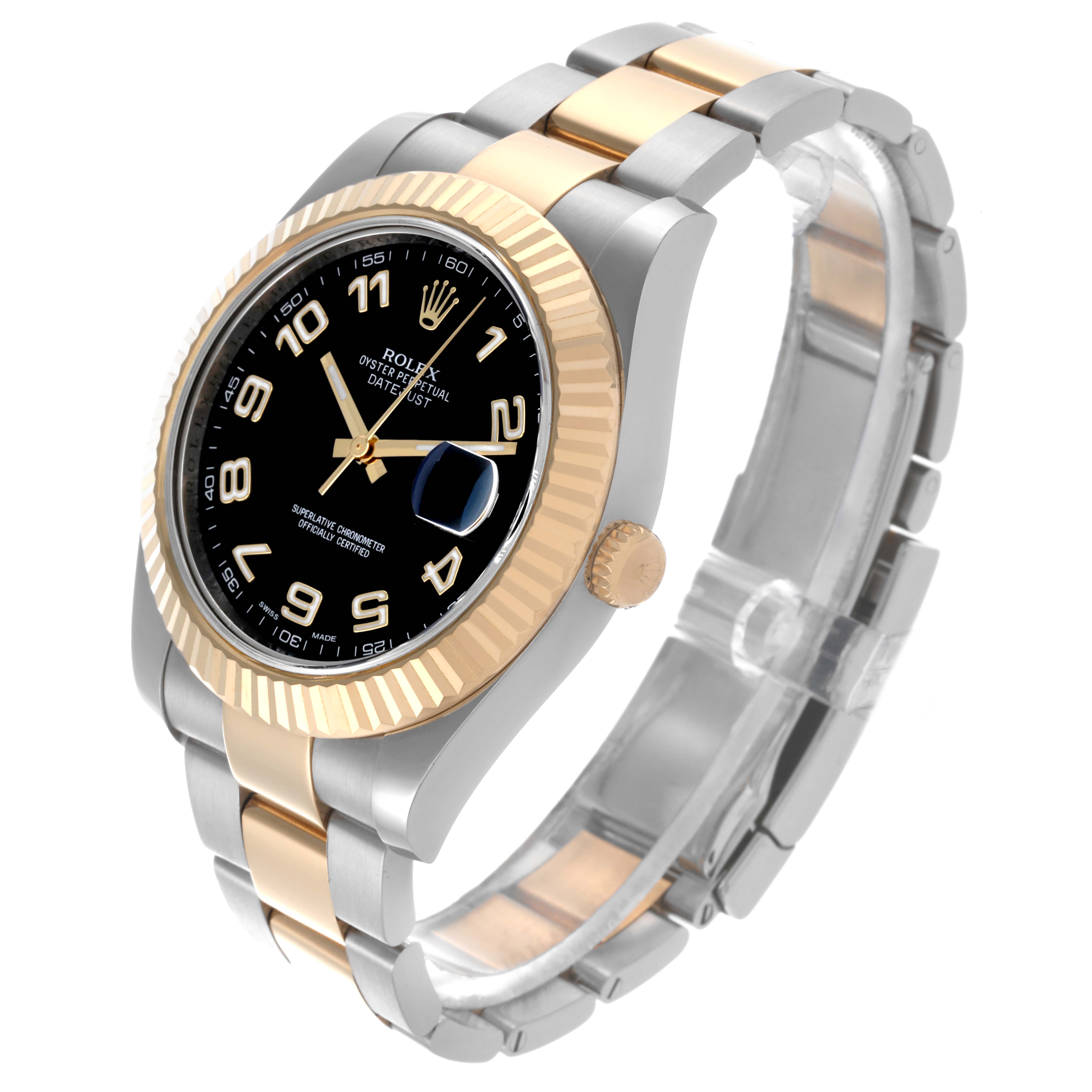 The Rolex Datejust 41 116333 Men's Steel and Gold (two tone) Black Dial 116333 Men's Steel and Gold (two tone) Black Dial watch is shown at a three-quarter angle, displaying the case, bezel, crown, dial, and bracelet.