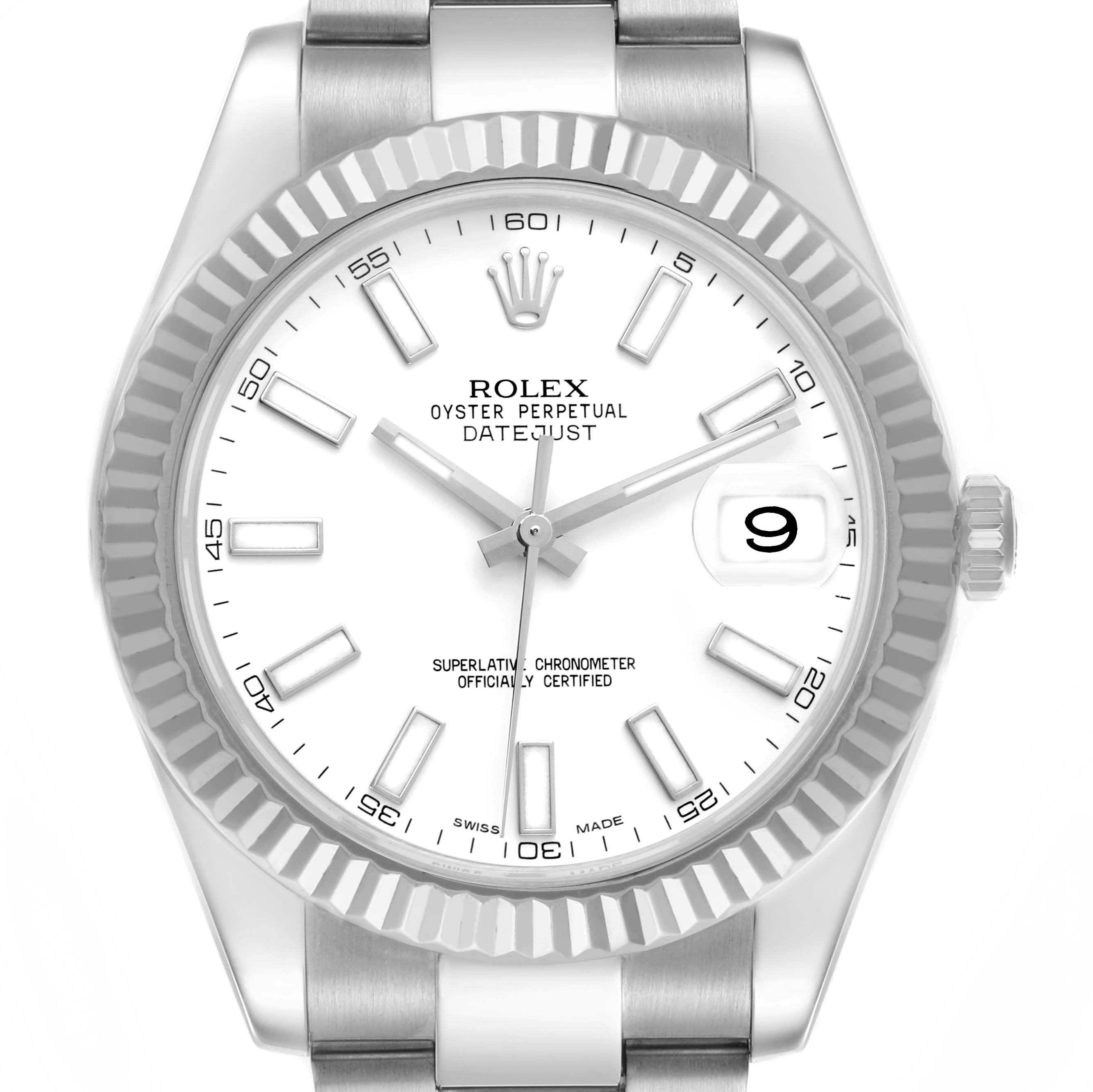 This image shows a frontal view of the Rolex Datejust 41 116334 Men's Stainless Steel White Dial 116334 Men's Stainless Steel White Dial, highlighting its bezel, dial, and bracelet.