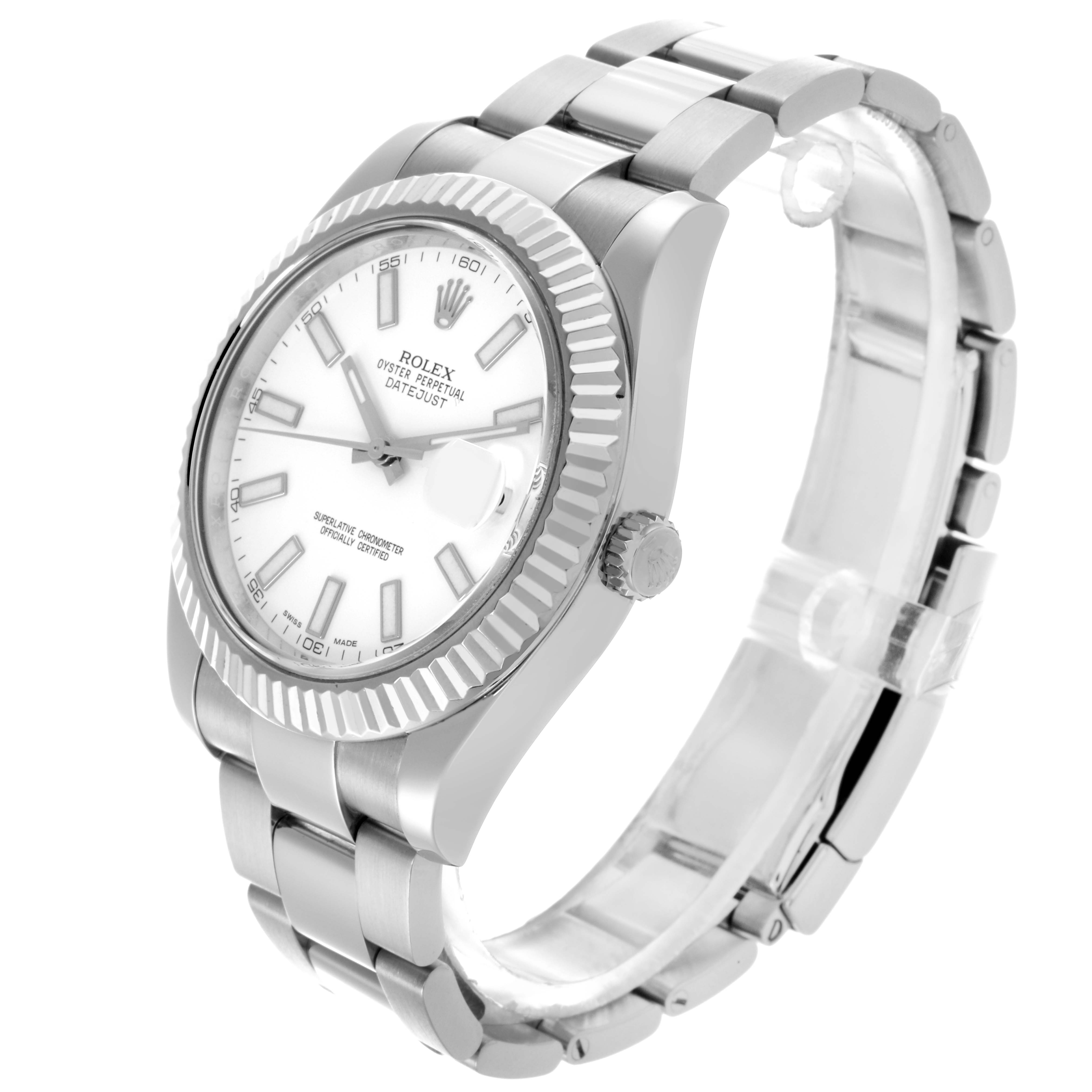 The Rolex Datejust 41 116334 Men's Stainless Steel White Dial 116334 Men's Stainless Steel White Dial is shown from a three-quarter angle, displaying the dial, bezel, crown, and bracelet.