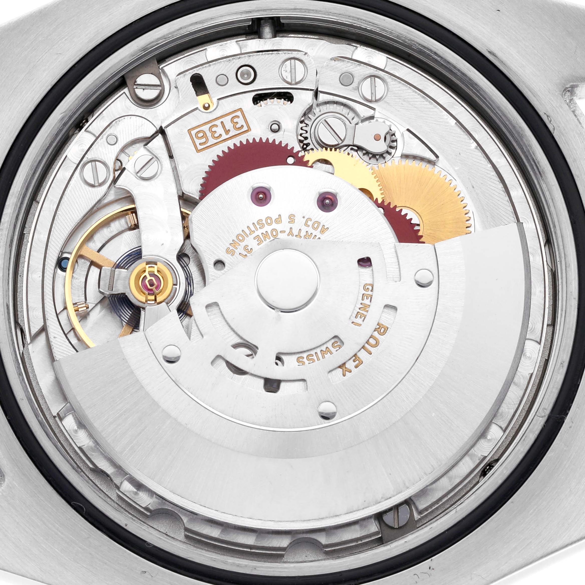 The image shows the inner mechanism of a Rolex Datejust 41 116334 Men's Stainless Steel White Dial 116334 Men's Stainless Steel White Dial, highlighting the movement components from a top-down angle.