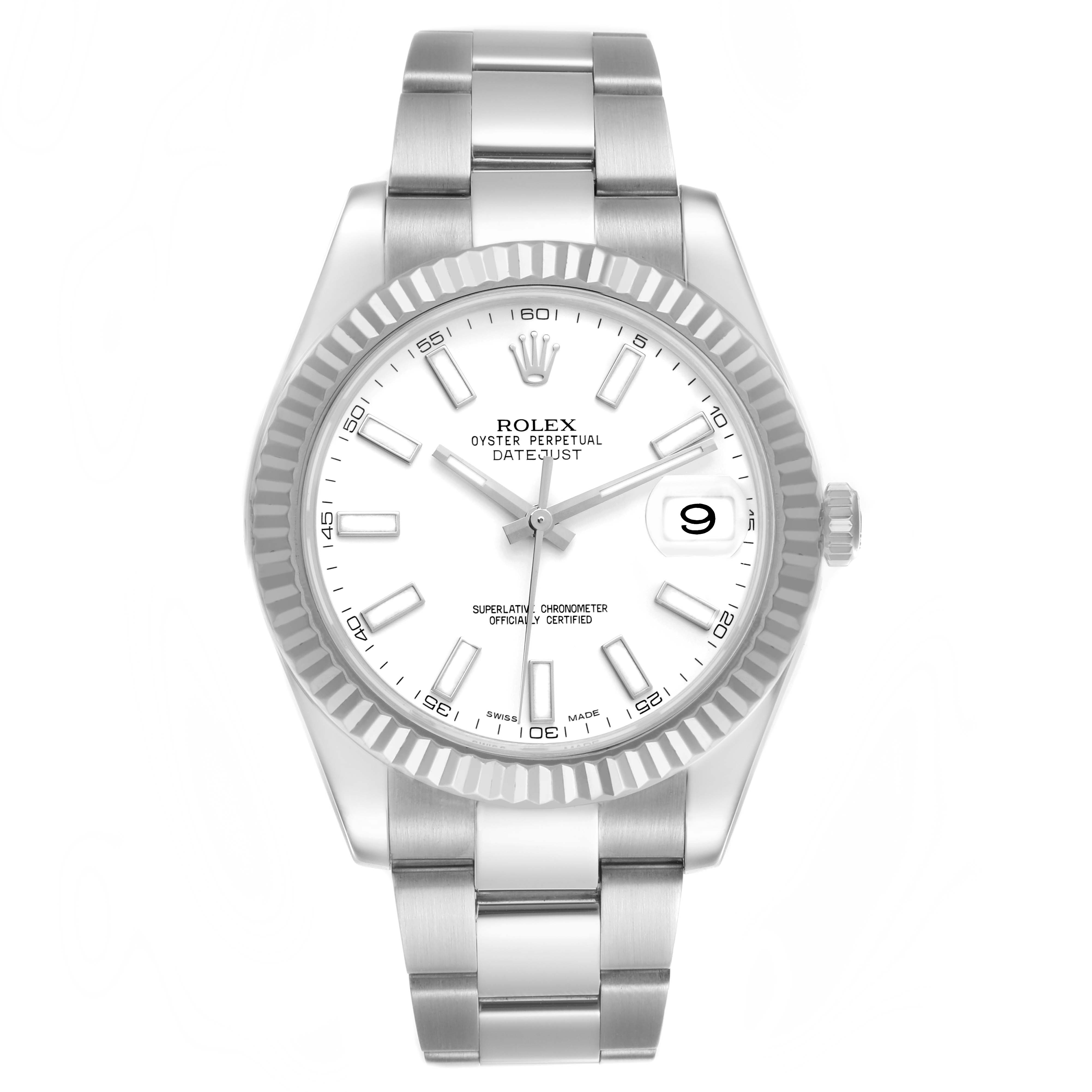The image shows a Rolex Datejust 41 116334 Men's Stainless Steel White Dial 116334 Men's Stainless Steel White Dial watch from the front, highlighting the bezel, dial, and bracelet.