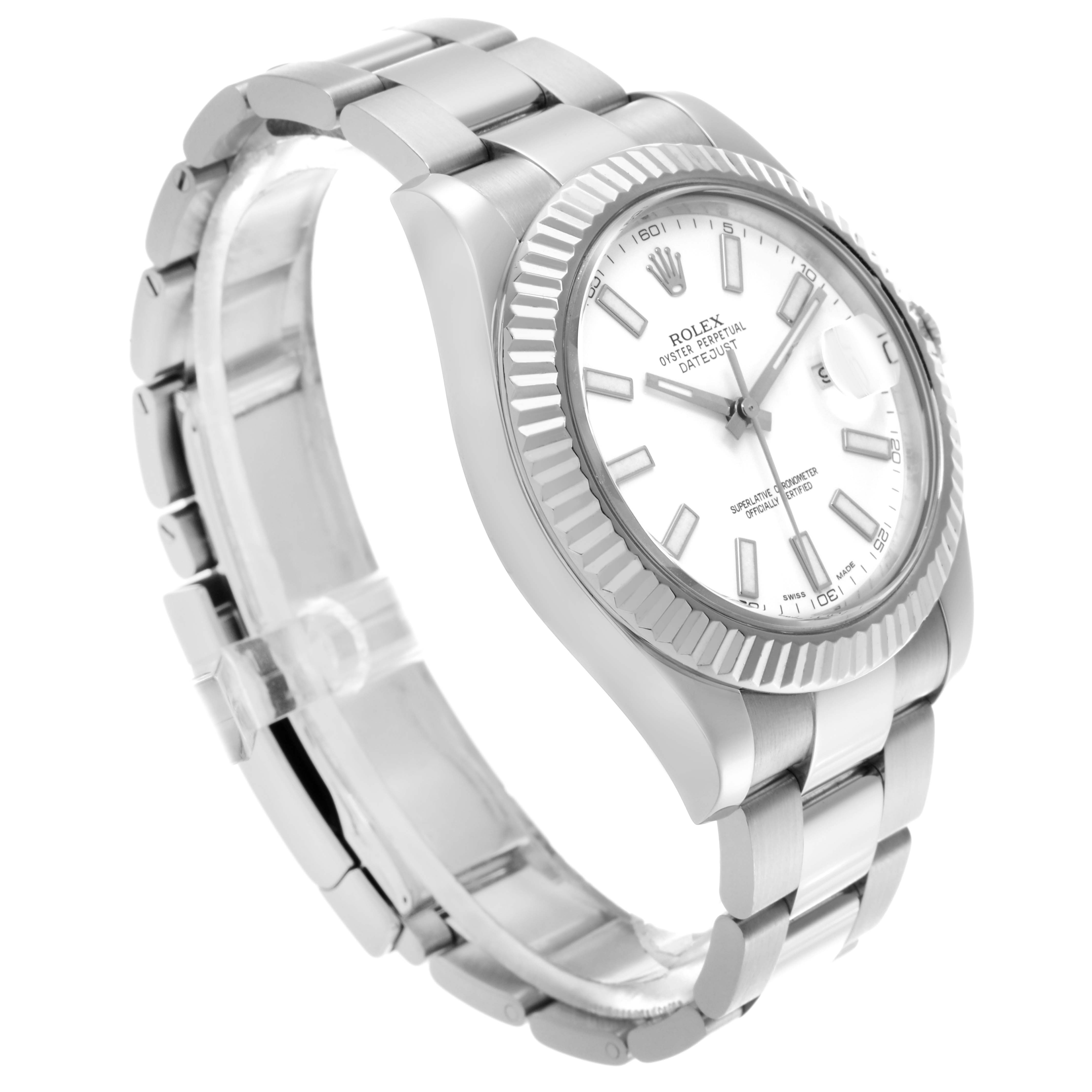 The Rolex Datejust 41 116334 Men's Stainless Steel White Dial 116334 Men's Stainless Steel White Dial is shown at a three-quarter angle, highlighting its face, bezel, bracelet, and crown.