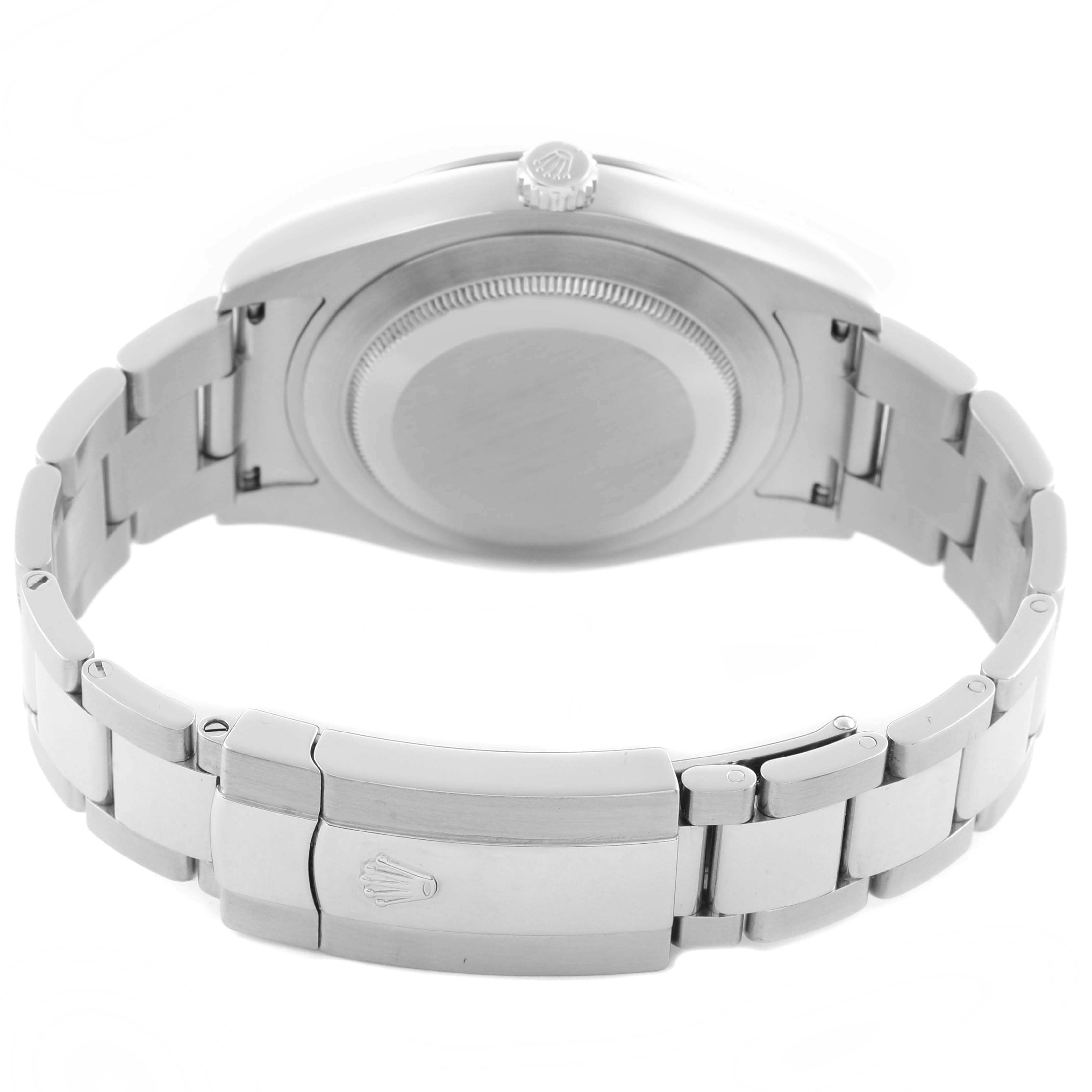 The image shows the back view of a Rolex Datejust 41 116334 Men's Stainless Steel White Dial 116334 Men's Stainless Steel White Dial, highlighting the bracelet, clasp, and case back.