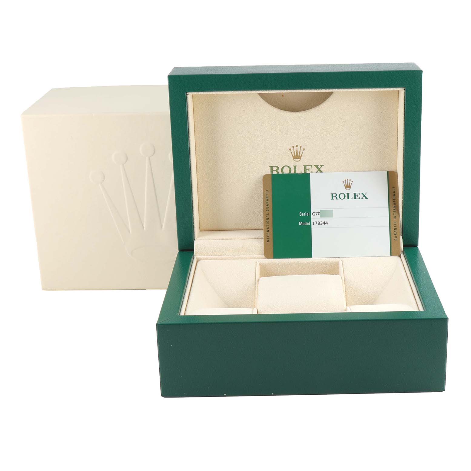 This image shows the open box and warranty card of a Rolex Mid-Size 178344 Women's Stainless Steel Mother of Pearl Dial 178344 Women's Stainless Steel Mother of Pearl Dial model.