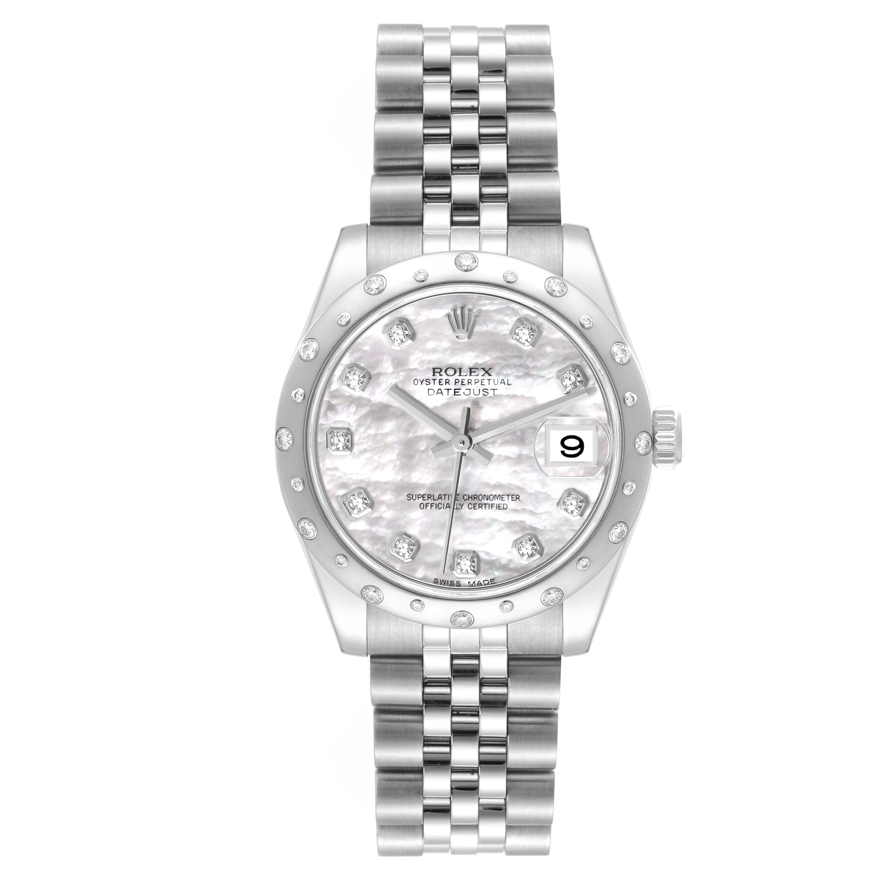 The image shows a front view of a Rolex Mid-Size 178344 Women's Stainless Steel Mother of Pearl Dial 178344 Women's Stainless Steel Mother of Pearl Dial Oyster Perpetual Datejust with a stainless steel bracelet and diamond hour markers.