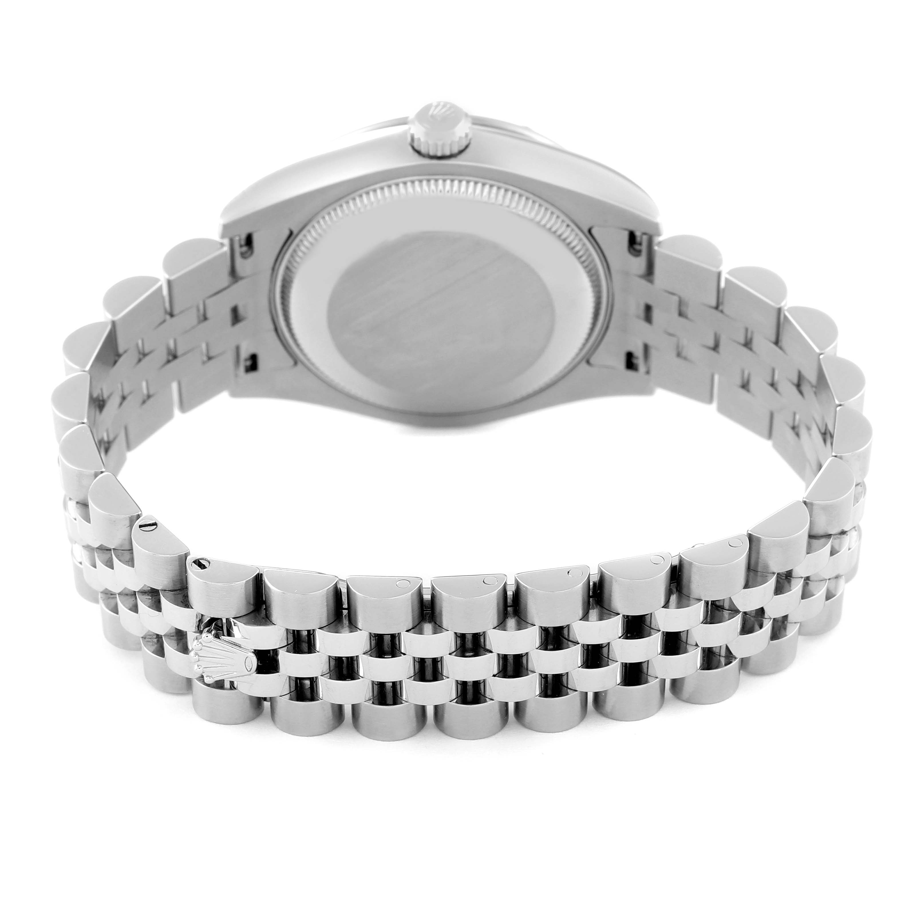 This image shows the back of a Rolex Mid-Size 178344 Women's Stainless Steel Mother of Pearl Dial 178344 Women's Stainless Steel Mother of Pearl Dial watch, focusing on the case and bracelet.