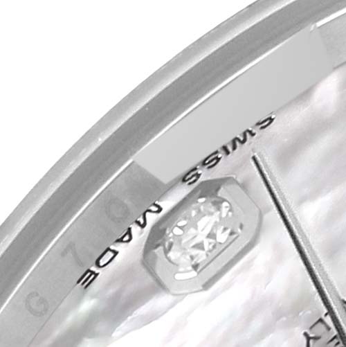 This is a close-up of the dial and bezel edge of a Rolex Mid-Size 178344 Women's Stainless Steel Mother of Pearl Dial 178344 Women's Stainless Steel Mother of Pearl Dial watch, showing Swiss Made text and diamond hour markers.