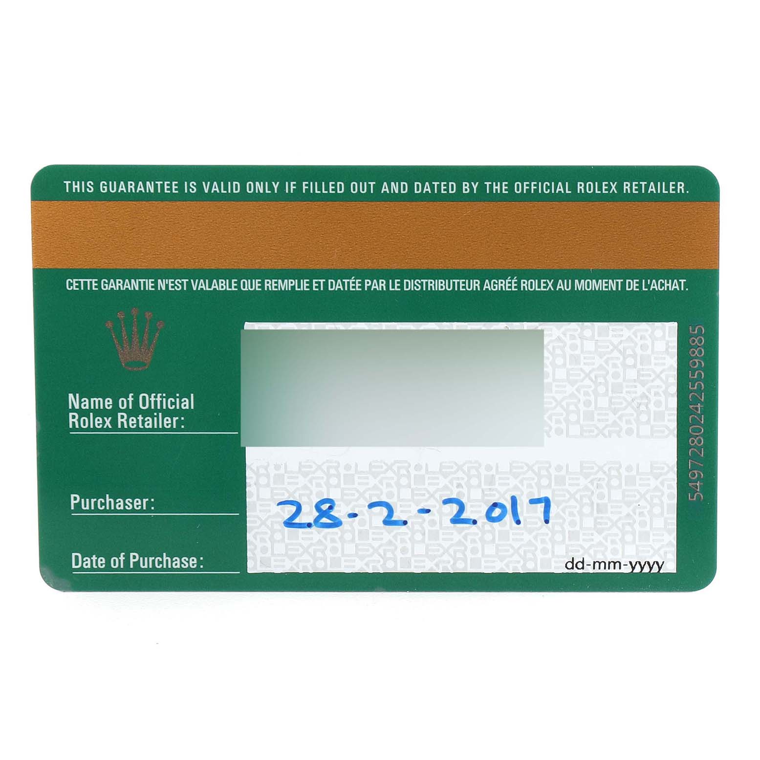 The image shows a guarantee card for a Mid-Size Rolex watch.