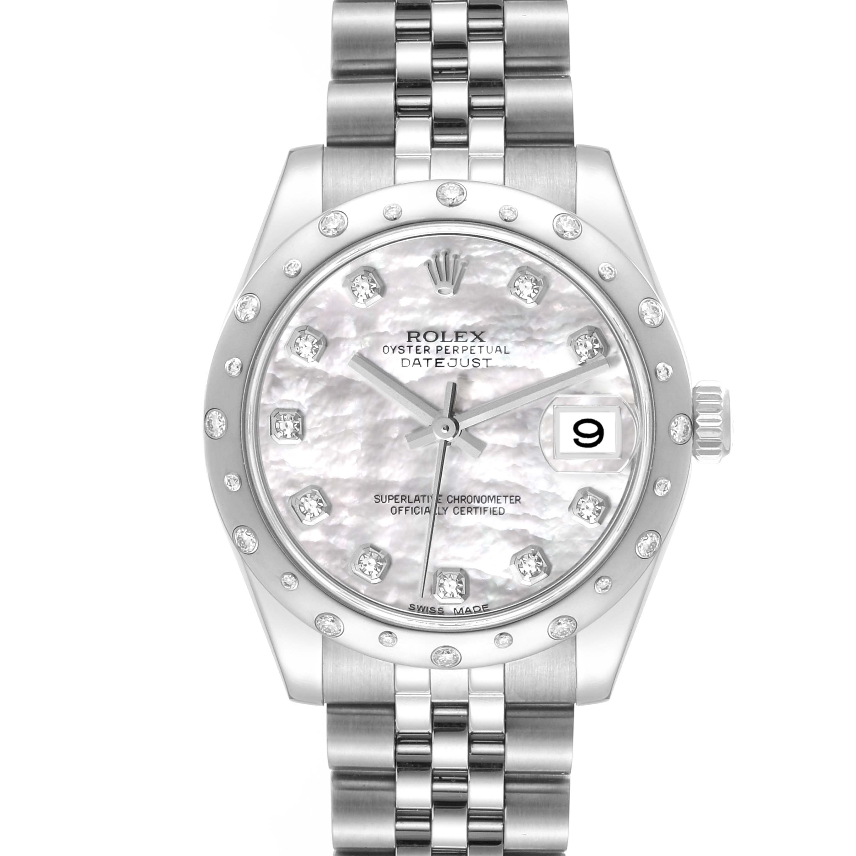This image shows a front view of a Rolex Oyster Perpetual Datejust Mid-Size watch, highlighting its face, bezel, and bracelet.