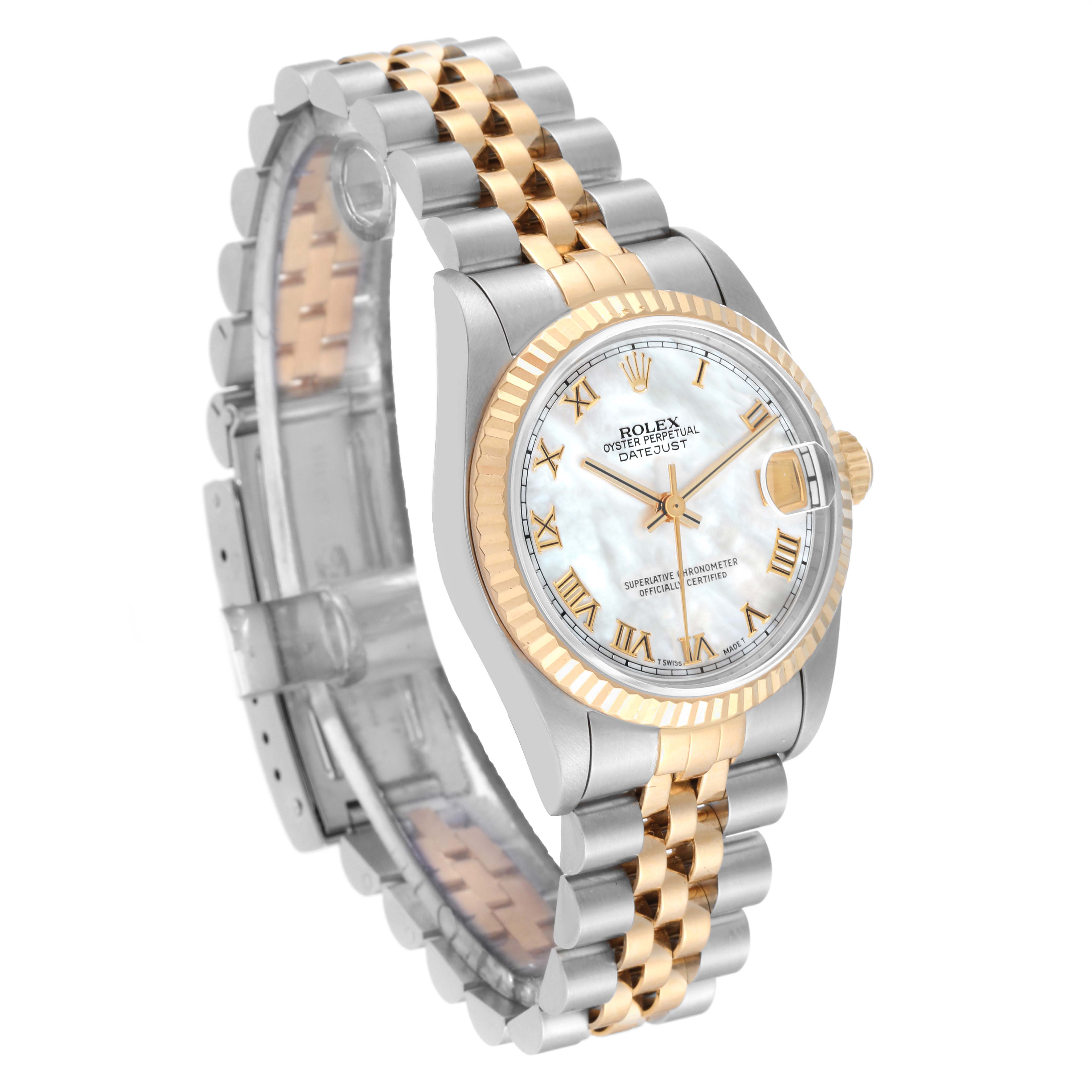 This image shows a side angle view of a Rolex Mid-Size 68273 Women
s Steel and Gold (two tone) Mother of Pearl Dial 68273 Women
s Steel and Gold (two tone) Mother of Pearl Dial Datejust watch with a two-tone bracelet and fluted bezel.