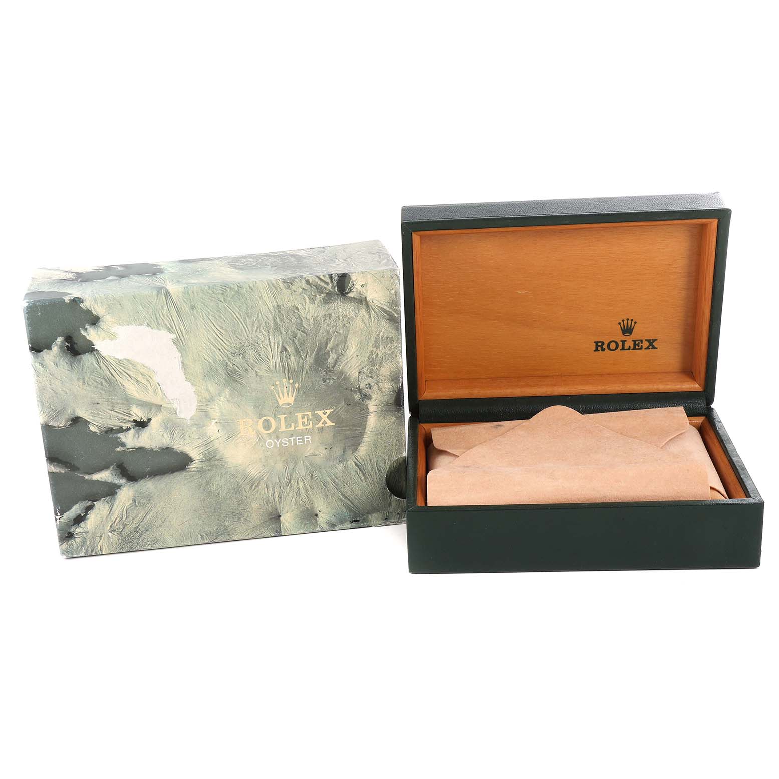 This image shows the packaging and wooden box for a Mid-Size Rolex watch, with the box open and featuring the Rolex branding.