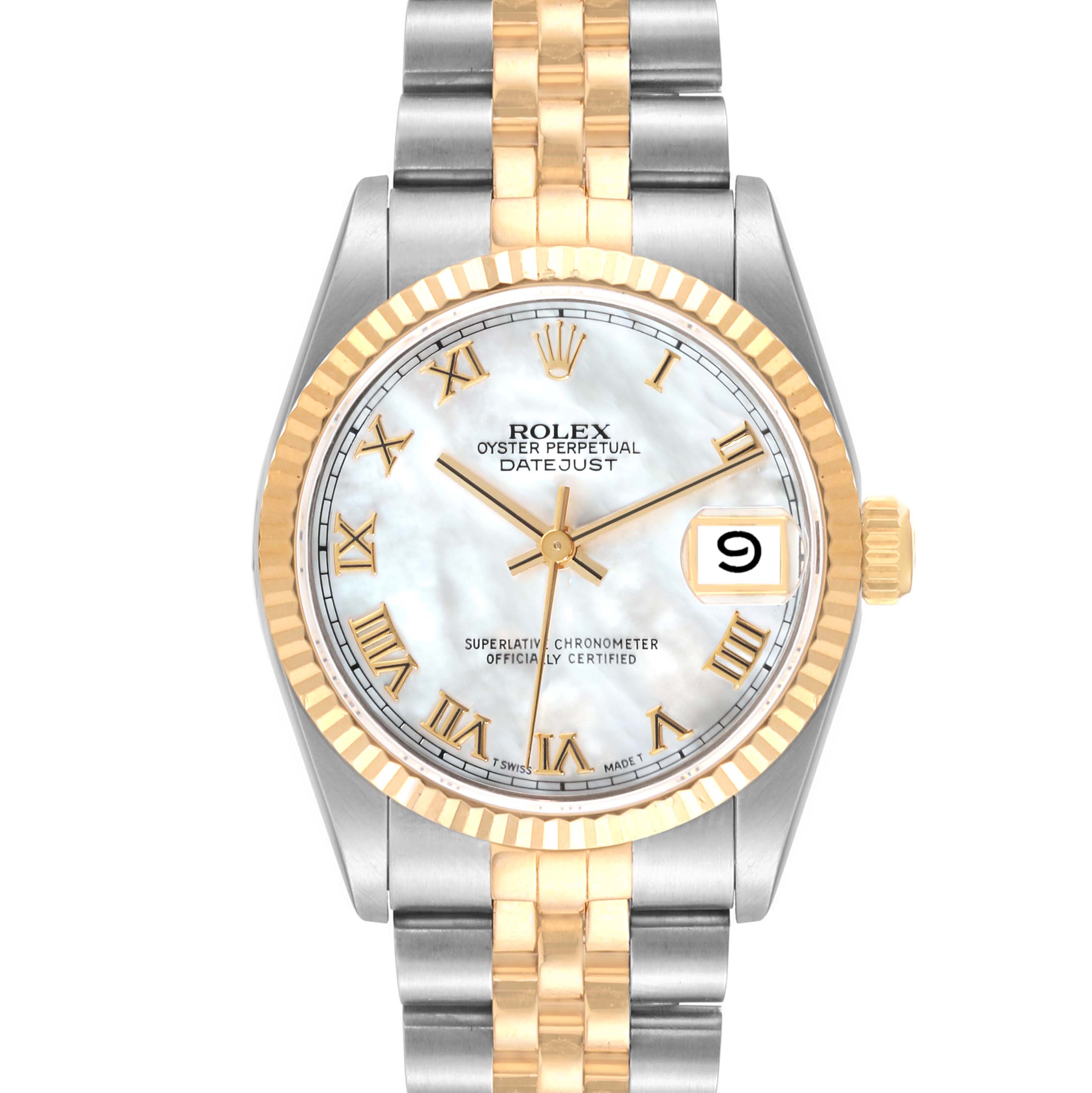 This image shows a front view of a Rolex Mid-Size 68273 Women
s Steel and Gold (two tone) Mother of Pearl Dial 68273 Women
s Steel and Gold (two tone) Mother of Pearl Dial Oyster Perpetual Datejust watch, highlighting the face, bezel, and bracelet.