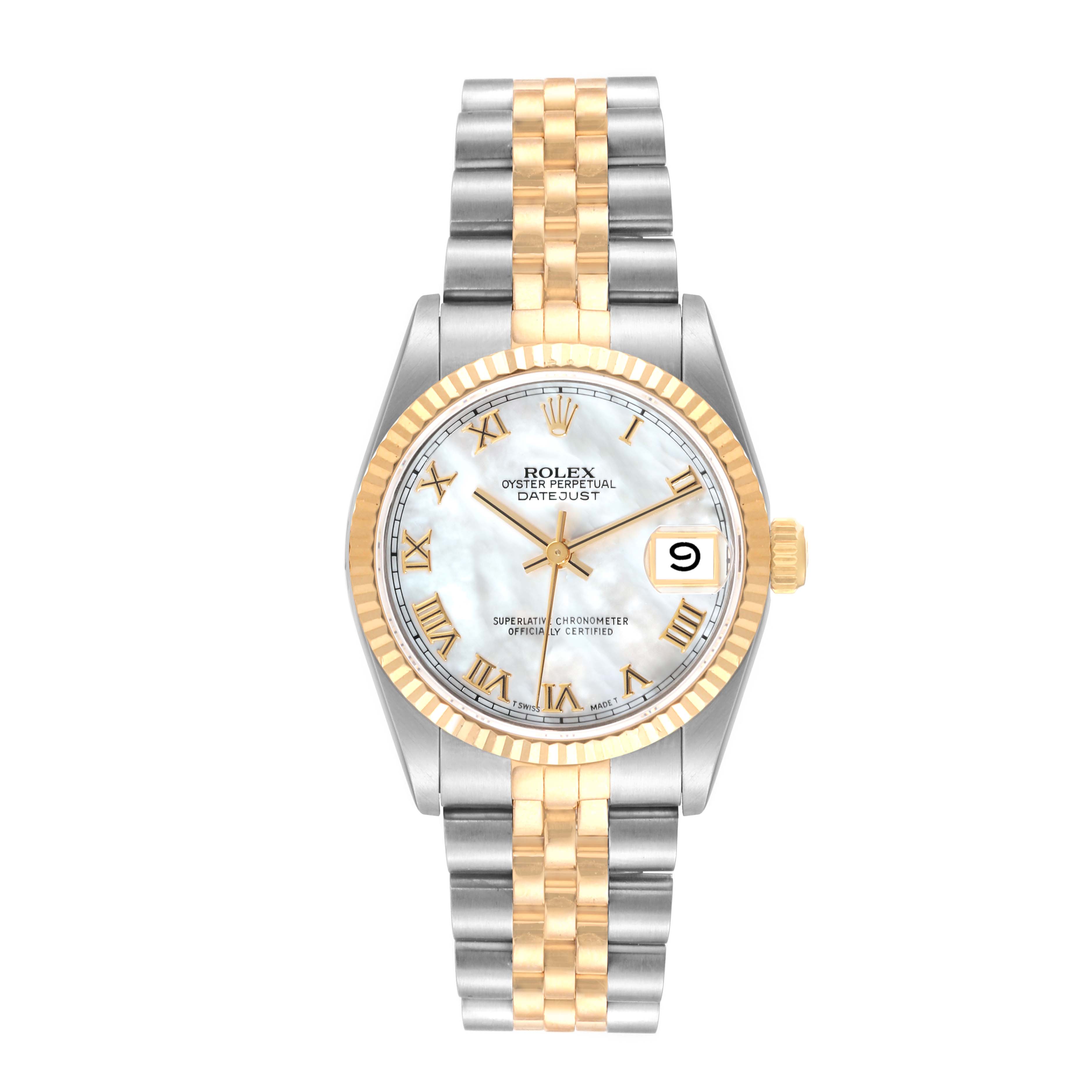 This Rolex Mid-Size 68273 Women
s Steel and Gold (two tone) Mother of Pearl Dial 68273 Women
s Steel and Gold (two tone) Mother of Pearl Dial Datejust watch is shown from a front angle, displaying the face, bezel, and bracelet.