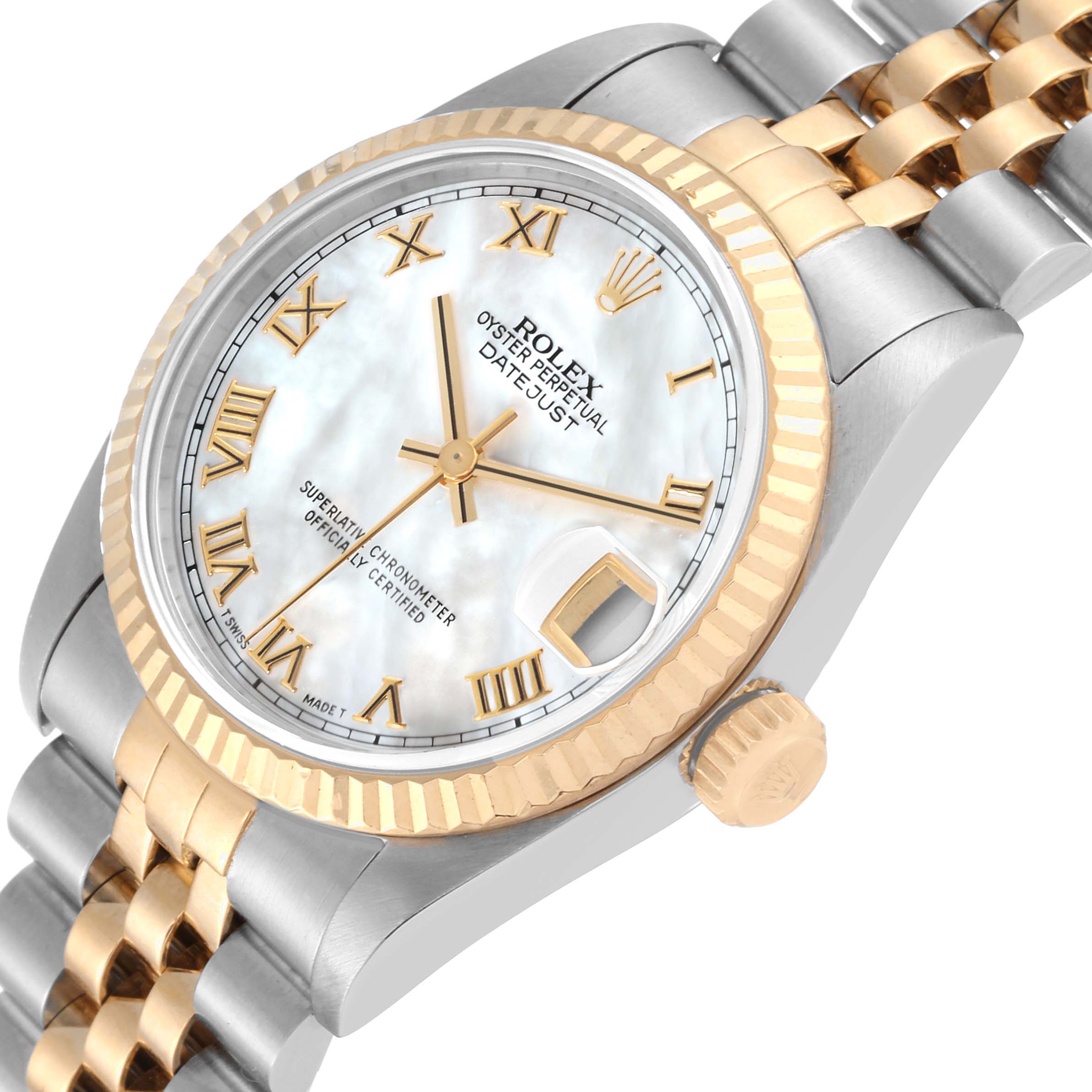 This Rolex Mid-Size 68273 Women
s Steel and Gold (two tone) Mother of Pearl Dial 68273 Women
s Steel and Gold (two tone) Mother of Pearl Dial Datejust watch is shown from an angled view, highlighting the dial, bezel, crown, and two-tone bracelet.